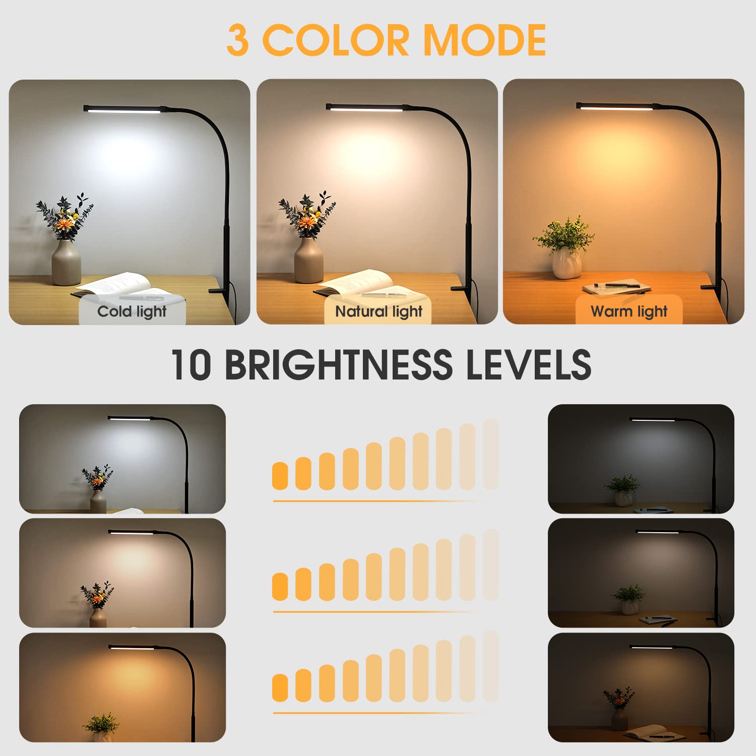 Voncerus LED Desk Lamp with Clamp, 3 Modes, 10 Brightness Levels, Gooseneck, Aluminum, Black