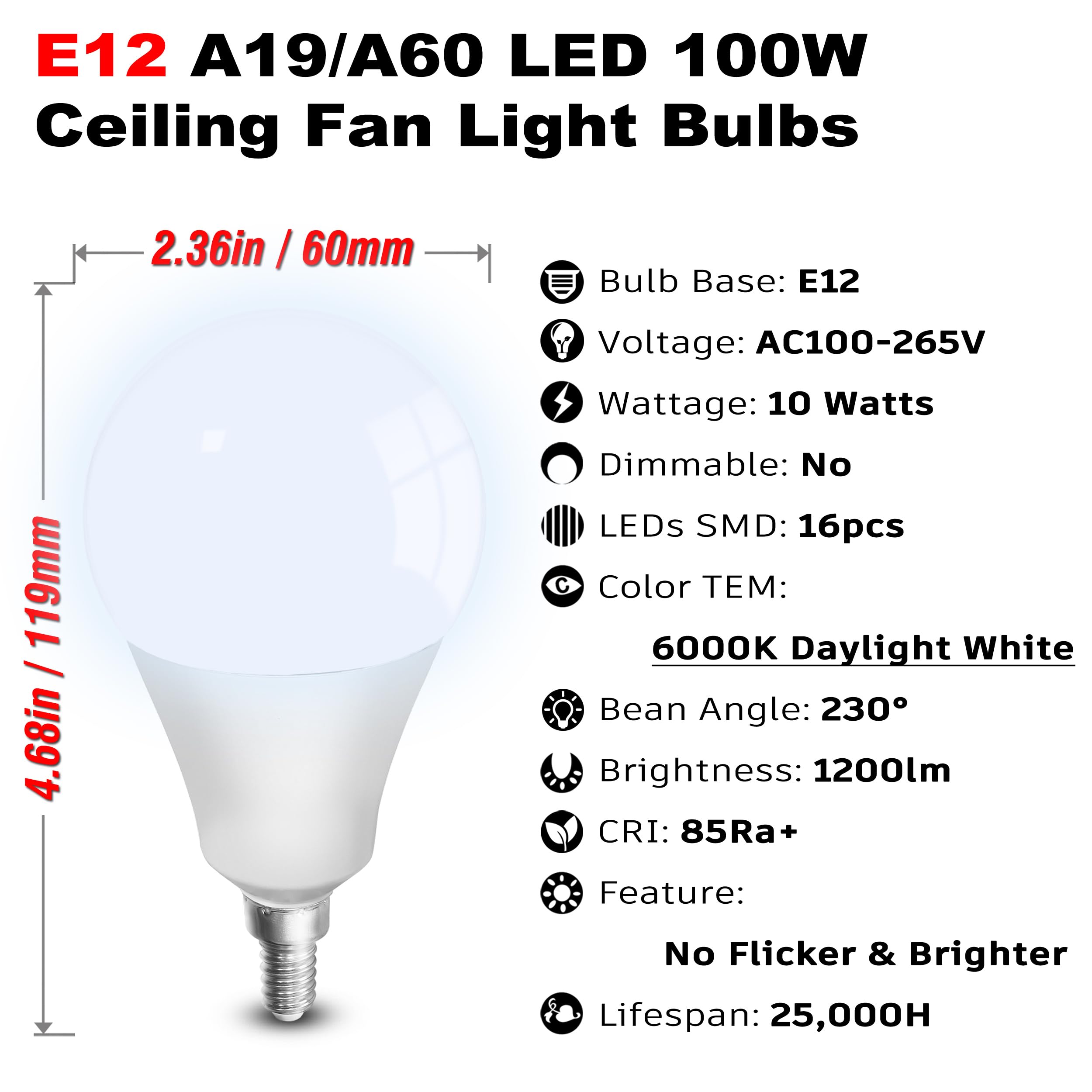 100W Equivalent Led Candelabra Bulbs, E12 A19 A60 Led Ceiling Fixtures Light Bulbs 6000K Daylight White,Bright E12 Small Candela