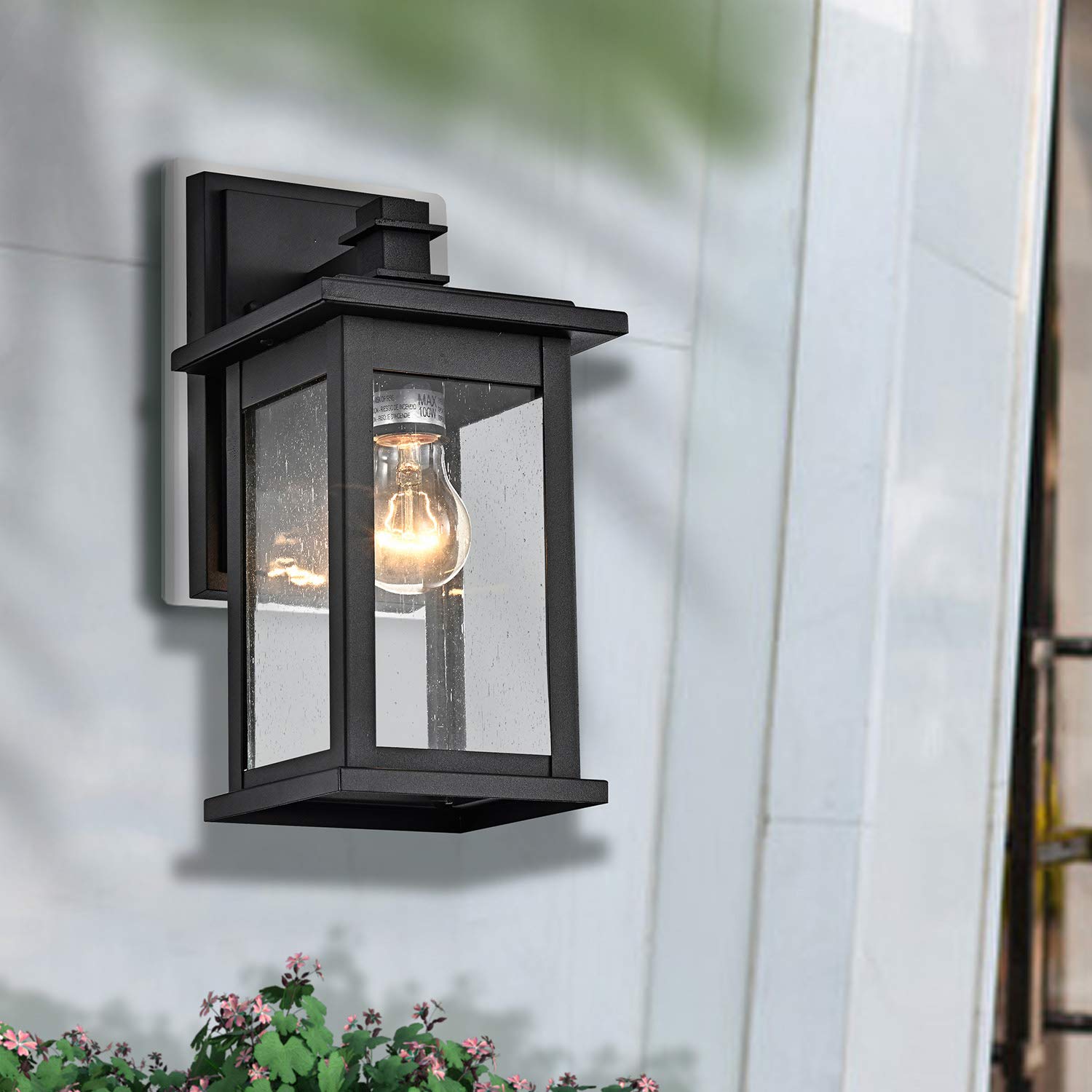 MICSIU Outdoor Wall Sconce, 12in Black Metal Light Fixture, 2 Pack with Clear Seedy Glass, Model A19008