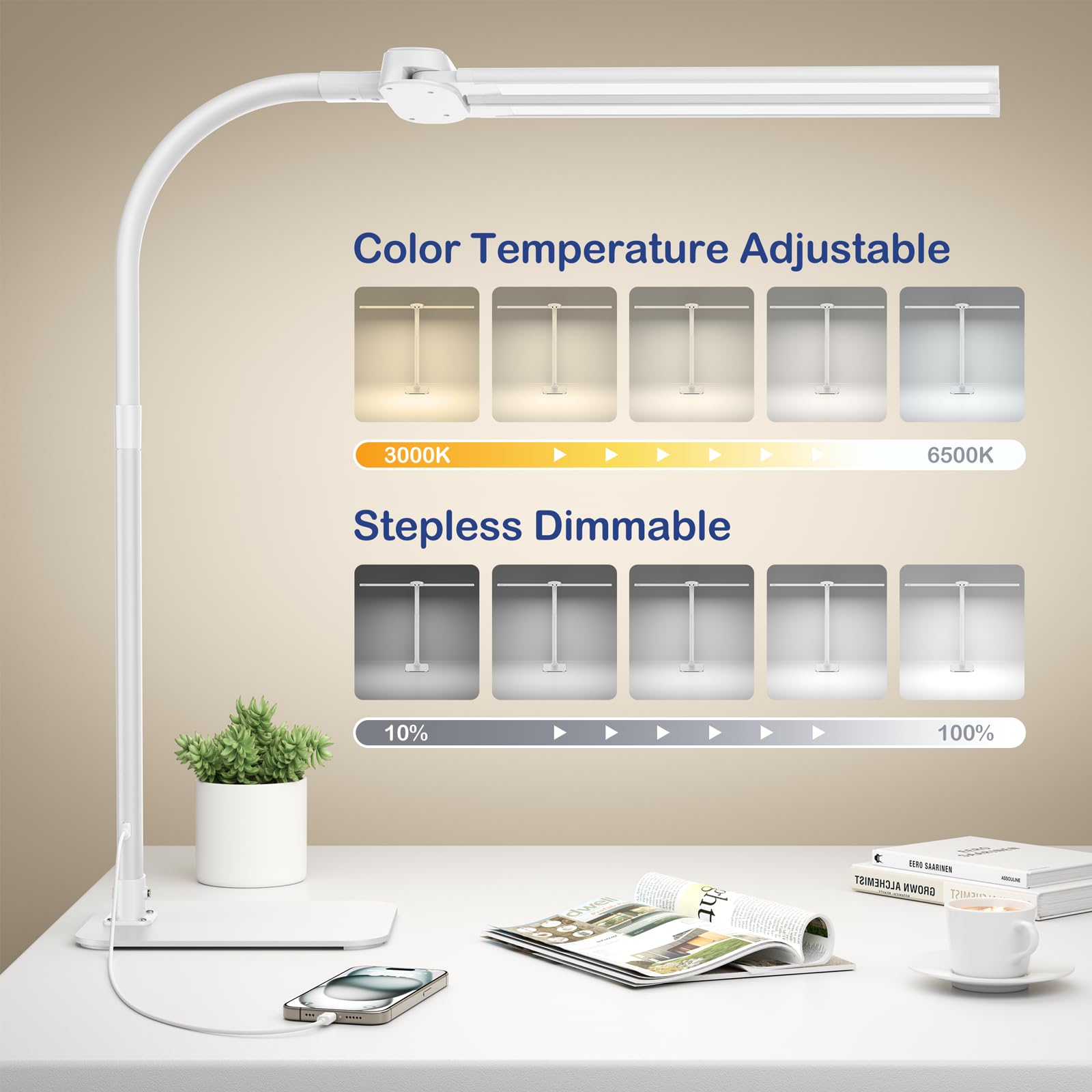 Kary Desk Lamp - 24W LED with USB Charging, Adjustable Gooseneck, 5 Color Modes, White, Model KX02D