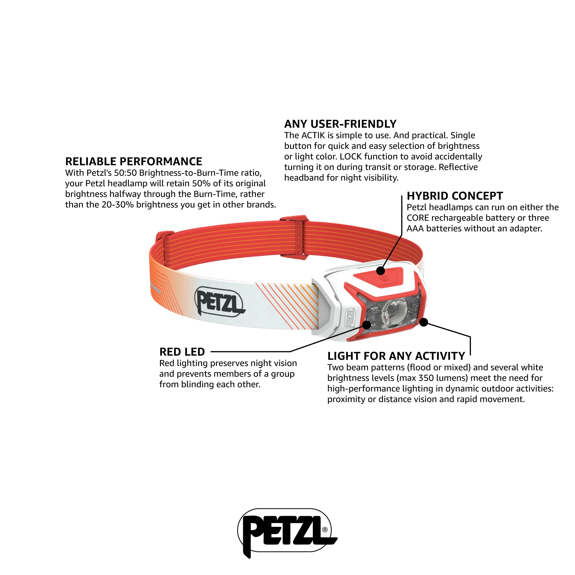 PETZL ACTIK CORE Rechargeable Headlamp - 600 Lumens, Red Lighting, One Size, Red, Model E065AA03