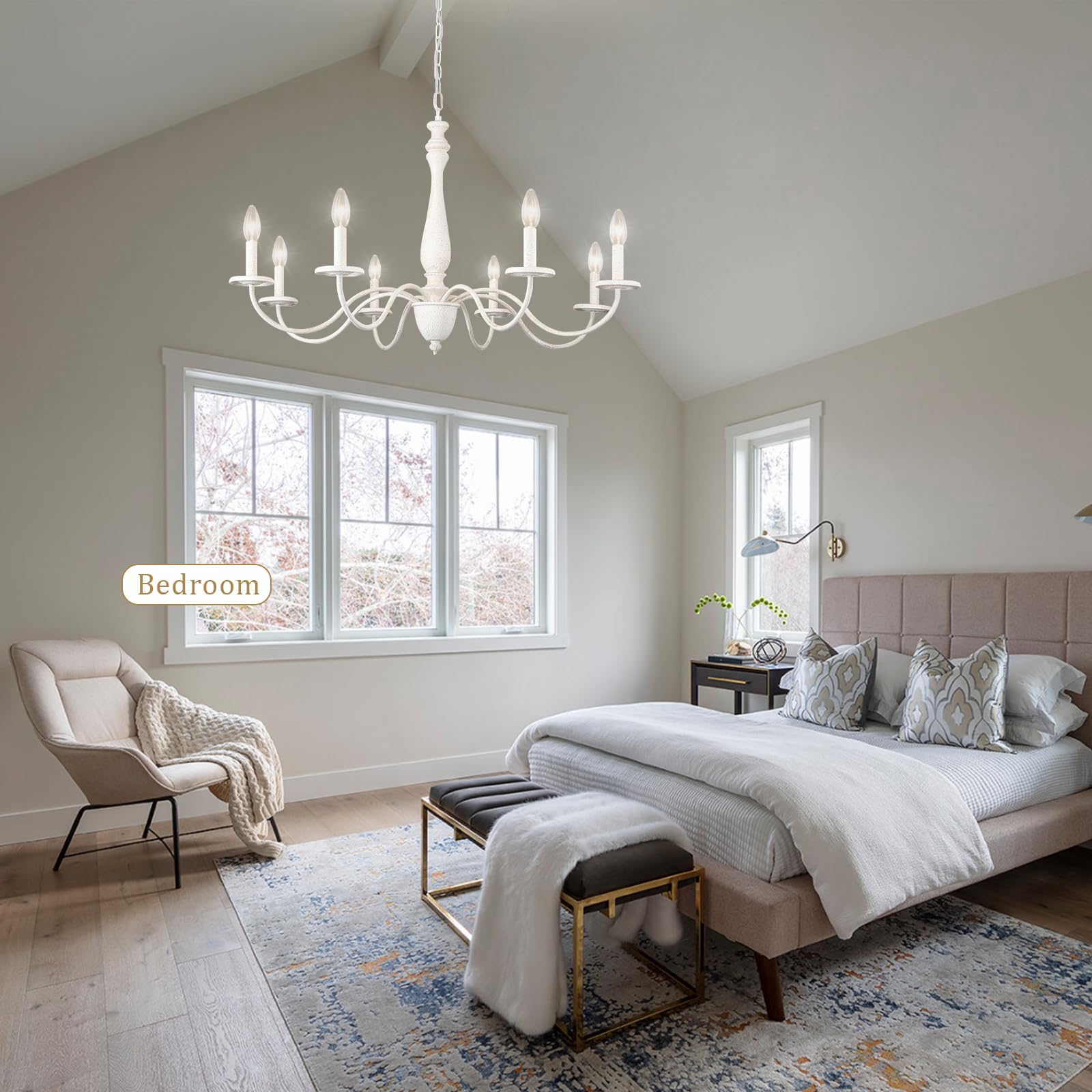 Mrhyswd White Farmhouse Chandelier 8 Lights 37.4" Large Distressed Wood French Country Chandelier For Dining Room Chandelier Candle Pendant Light Fixtures Ceiling For Kitchen Living Room Foyer Bedroom
