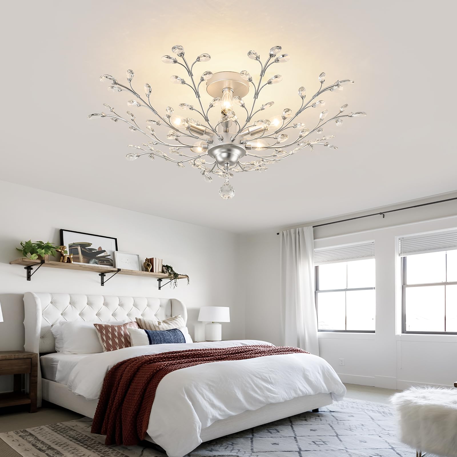 Cvkash 5-Light Vintage Small Crystal Chandelier Modern Silver Branche Ceiling Light Fixture Farmhouse For Kitchen Dining Room Li