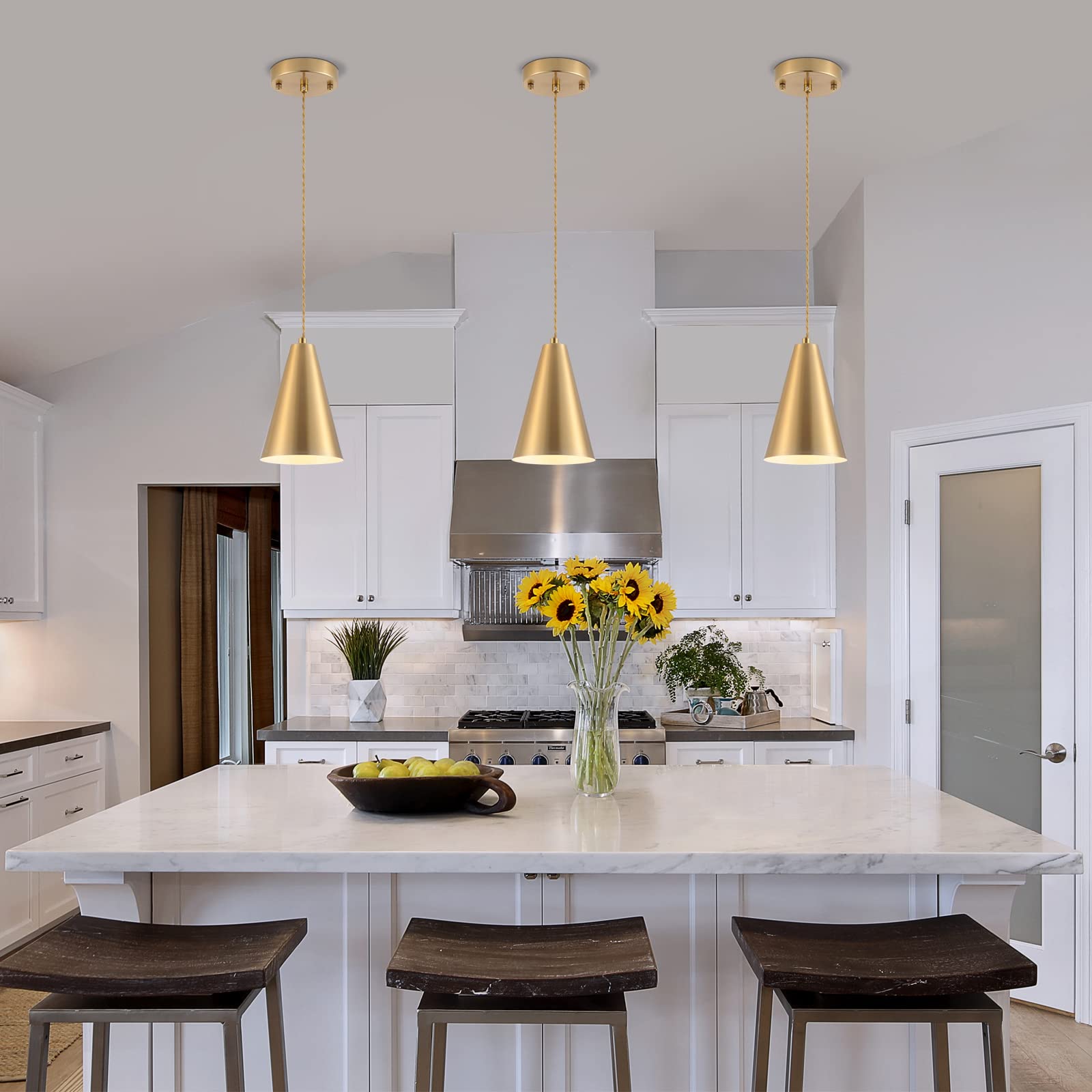 Dijiahua Gold Pendant Lights - 3 Pack Modern Farmhouse Mini Chandeliers with Brushed Brass Metal Shade for Kitchen Island & Dining Room