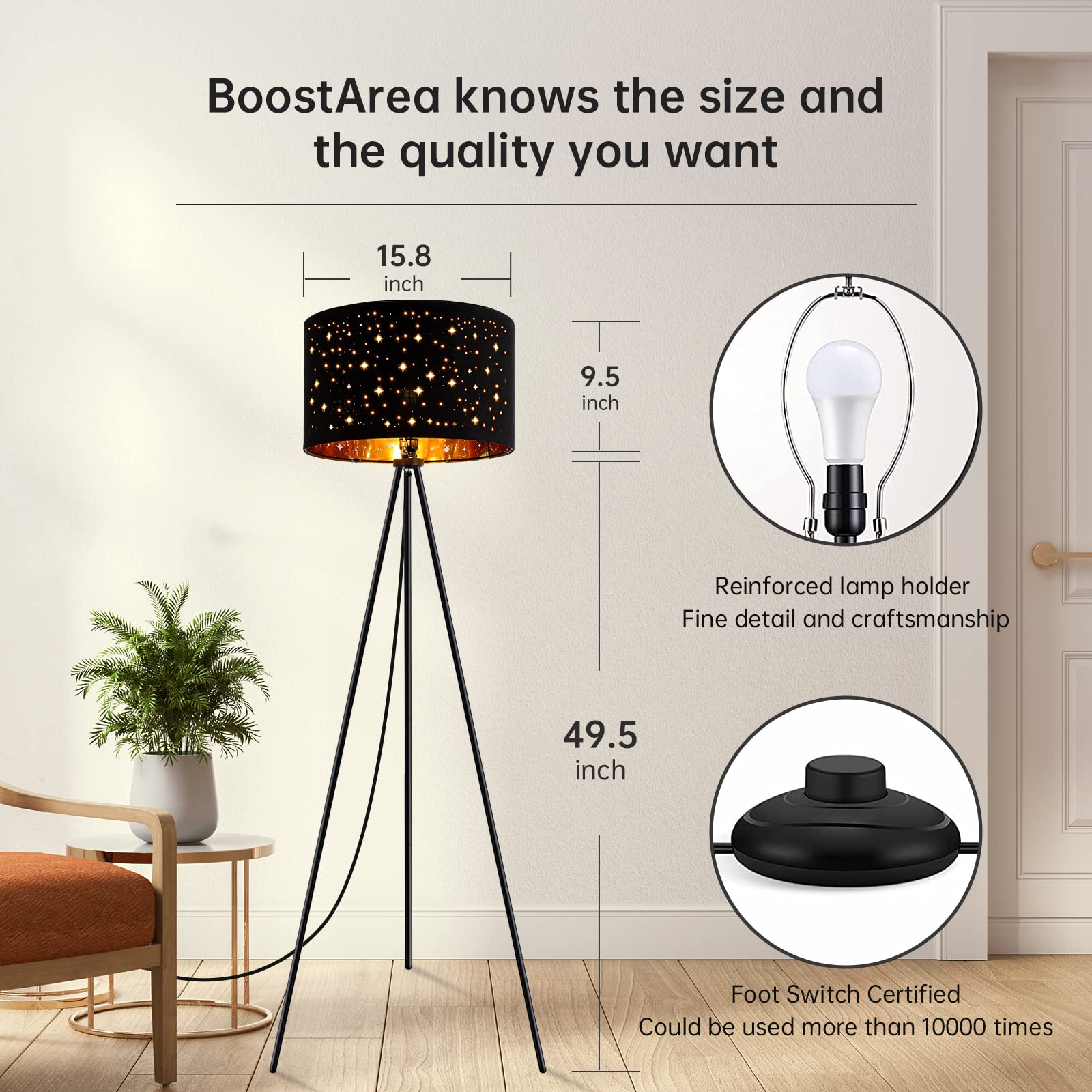 BoostArea Tripod Floor Lamp - 8W LED, Metal, Black-star, Decorative Shade for Living Room, Bedroom, Office