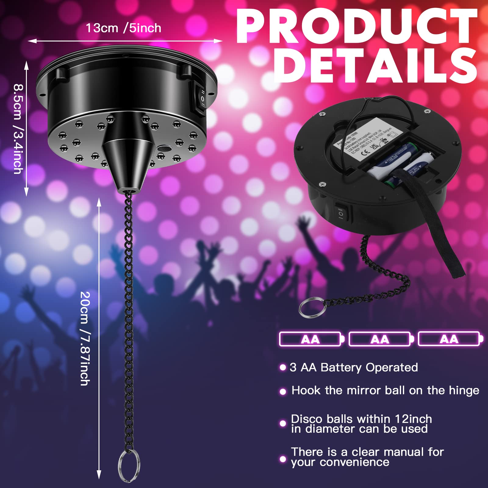 6Rpm Rotating Disco Ball Mount Electric Motor With Lights 4 Colors For 6 8 12 Inch (Not Included) 2 Mode Christmas Party Djs Bands Pubs Weddings Night Clubs (Battery Style)