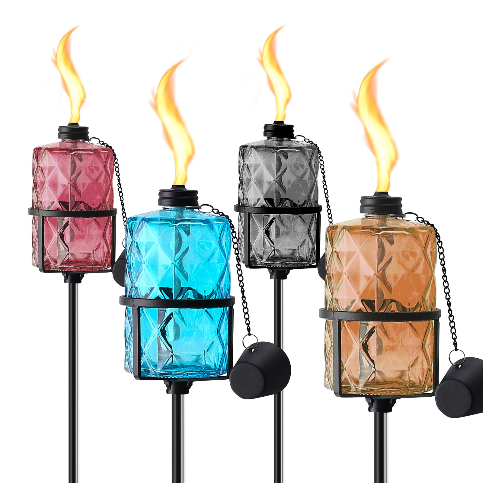 4 Pack Colorful Glass Garden Torch 12 oz Outdoor Torch Garden D  cor,60-Inch Upgraded Citronella Torches with 3-Prong Grounded S