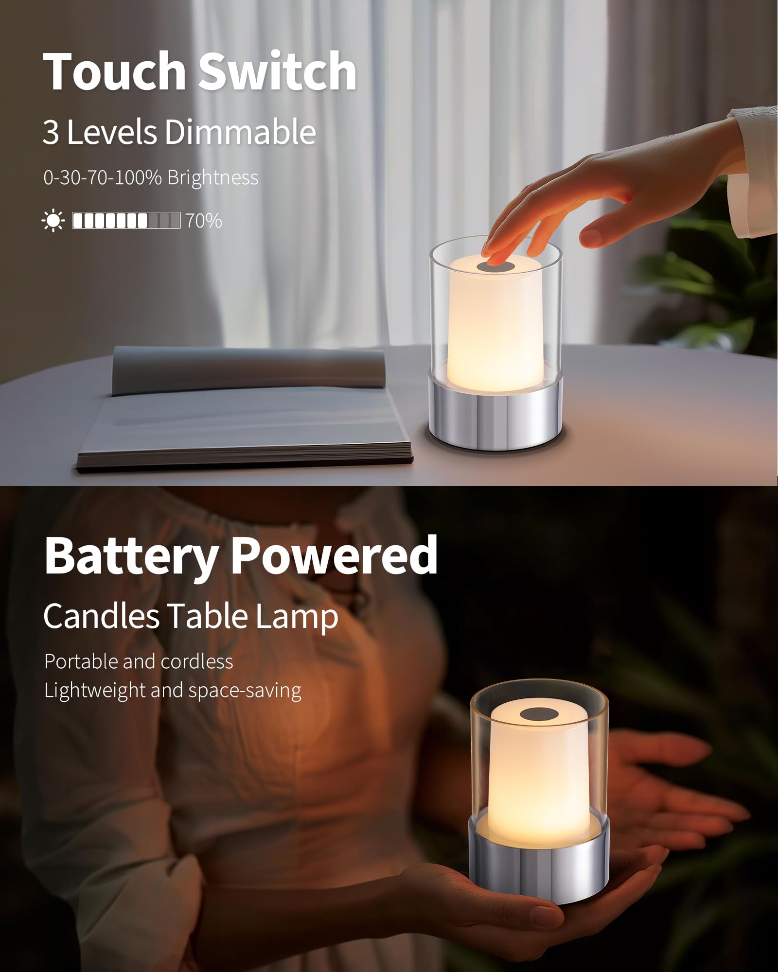 Newsee Led Touch Night Light 4&quot; For Nursery & Outdoor, Rechargeable Chrome Table Lamp, Set Of 2