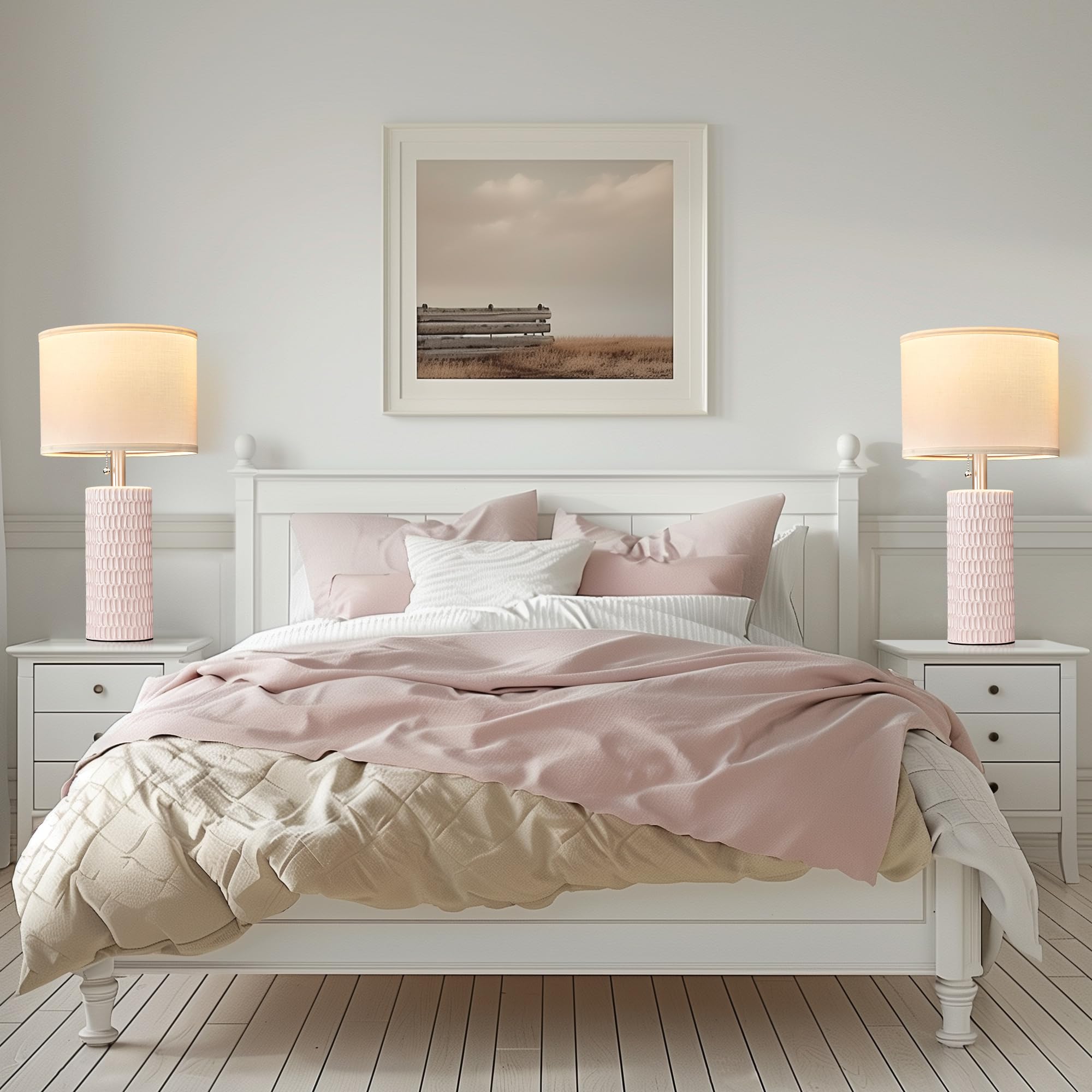 Reaketon Table Lamps Set of 2, 20in Ceramic Modern Lamps for Bedroom, Pink, Model 102-1TPNK