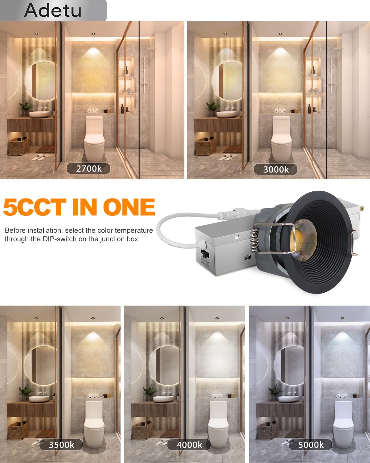 Adetu 2 Inch 5Cct Black Led Recessed Ceiling Light With Junction Box, 2700K/3000K/4000K/50000K Selectable, Cri90, 8W Cob, 780Lm,