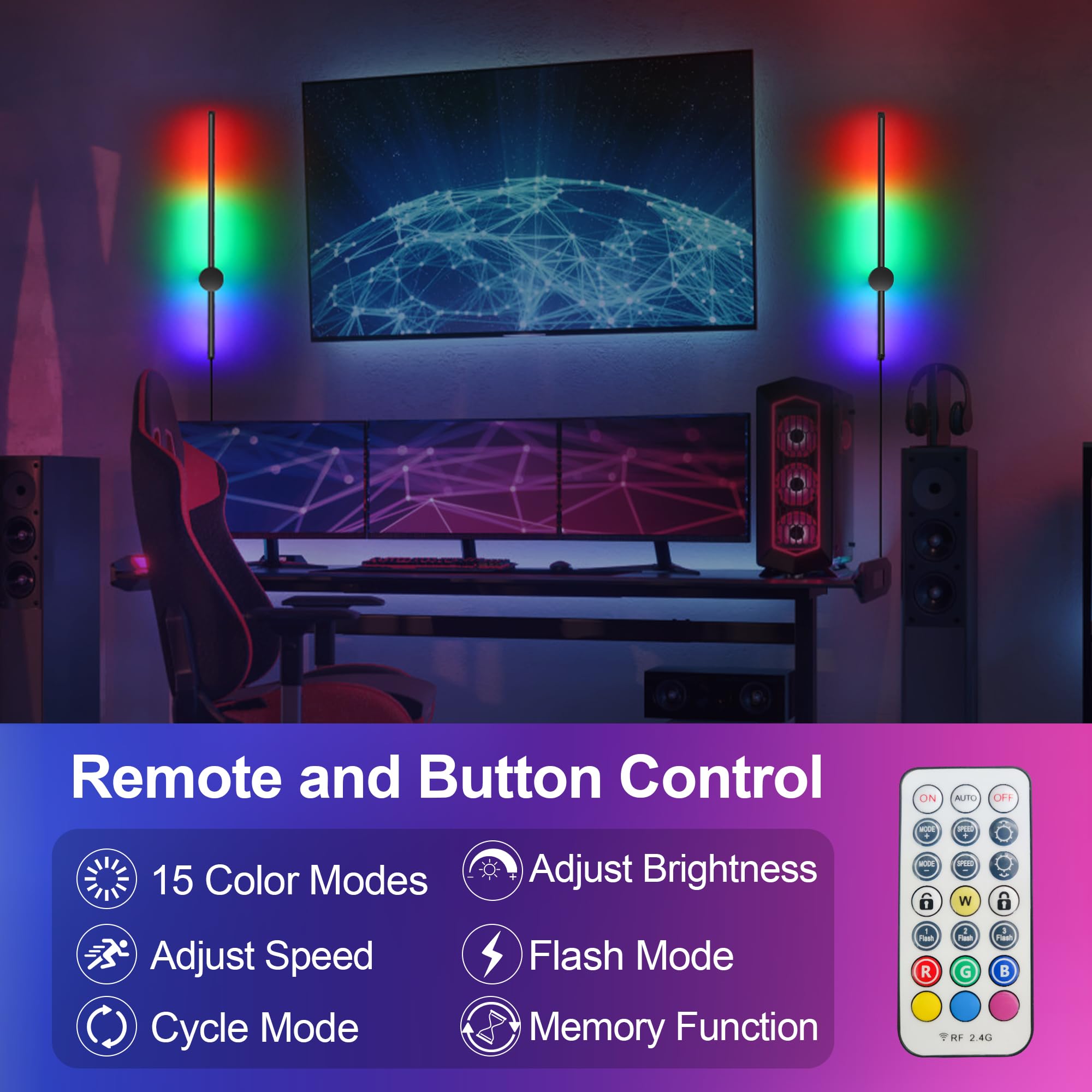 GOODATE RGB LED Wall Sconces Set of 2, 15 Color Modes, Dimming, 23.6 Inches, Black, Model CDG-2PACK, Aluminum Alloy+Silica