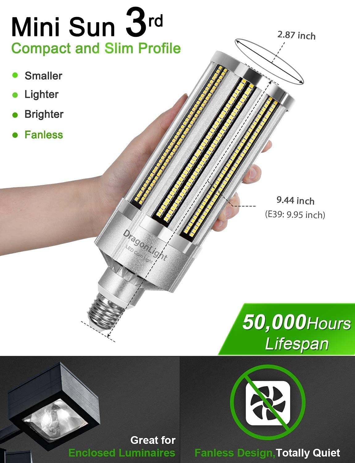 DragonLight Corn LED Light Bulb 100W Fanless E26/E39 3000K Warm White 12,500LM for High Bay Area Lighting