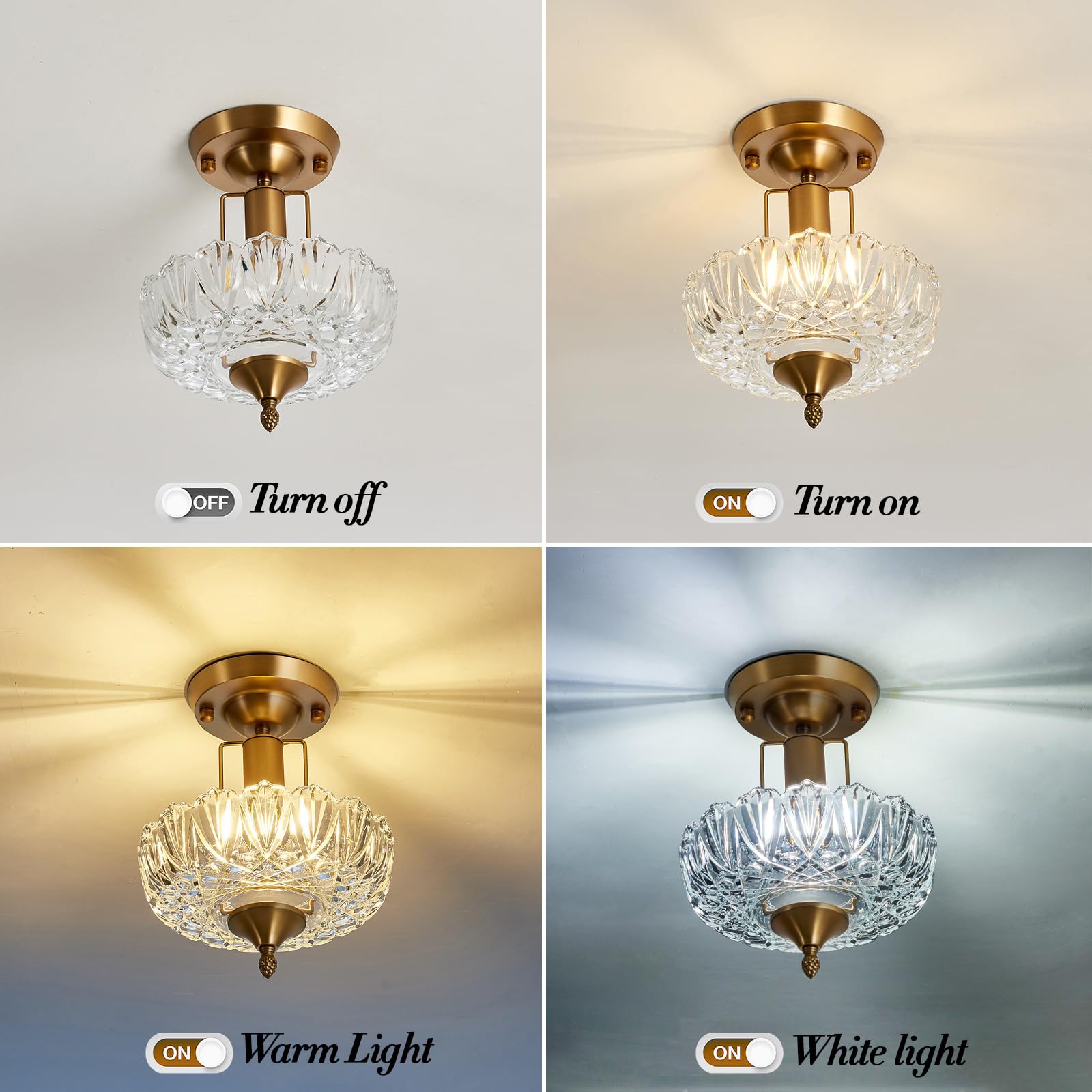 Uofus Vintage Gold Semi Flush Mount Ceiling Light Fixture With Clear Glass Shade Flower Small Chandelier Brass Close To Ceiling