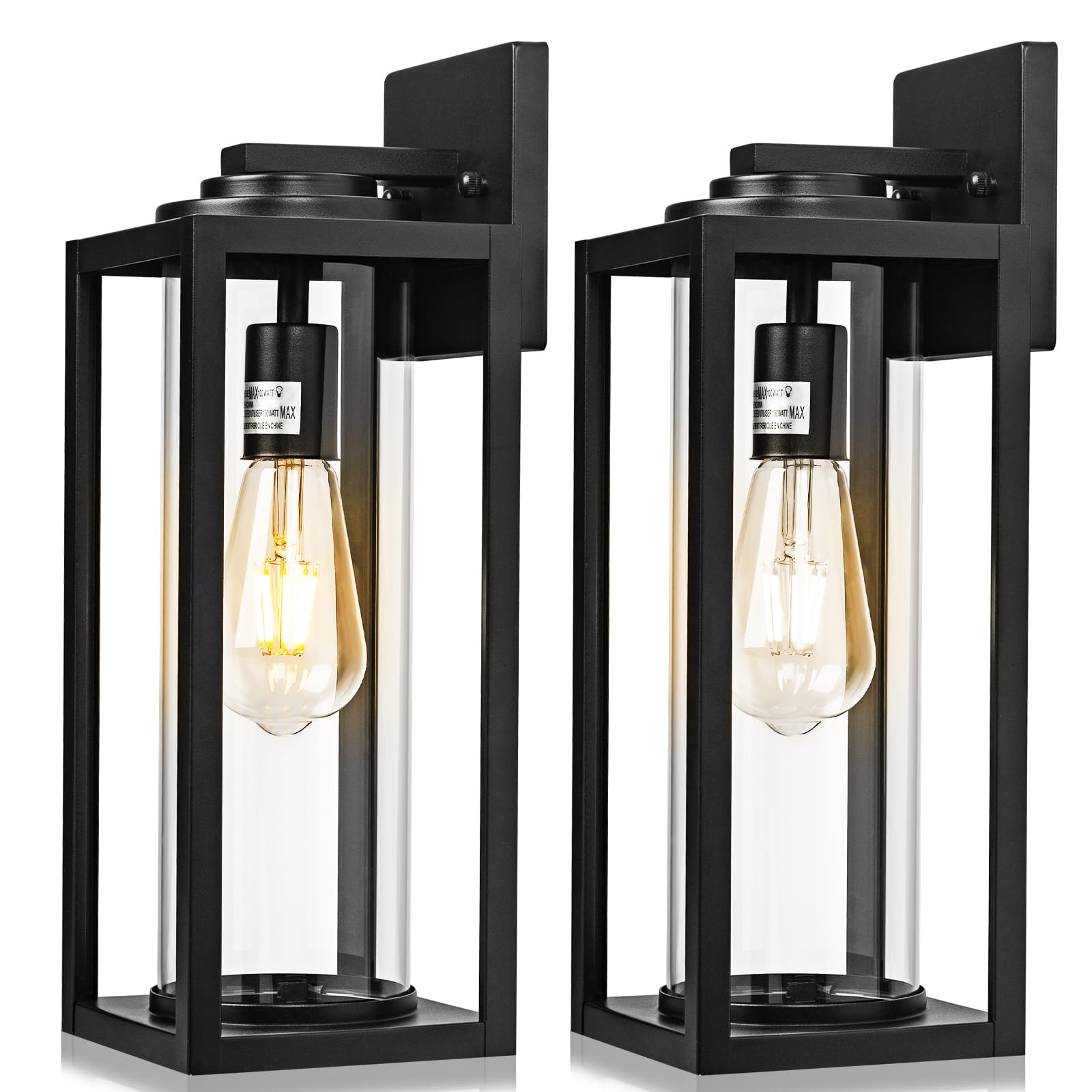 FILIYANO 16inch Large Outdoor Wall Lights - 2 Packs Modern Black Exterior Light Fixture with Clear Glass Shade, Waterproof Porch