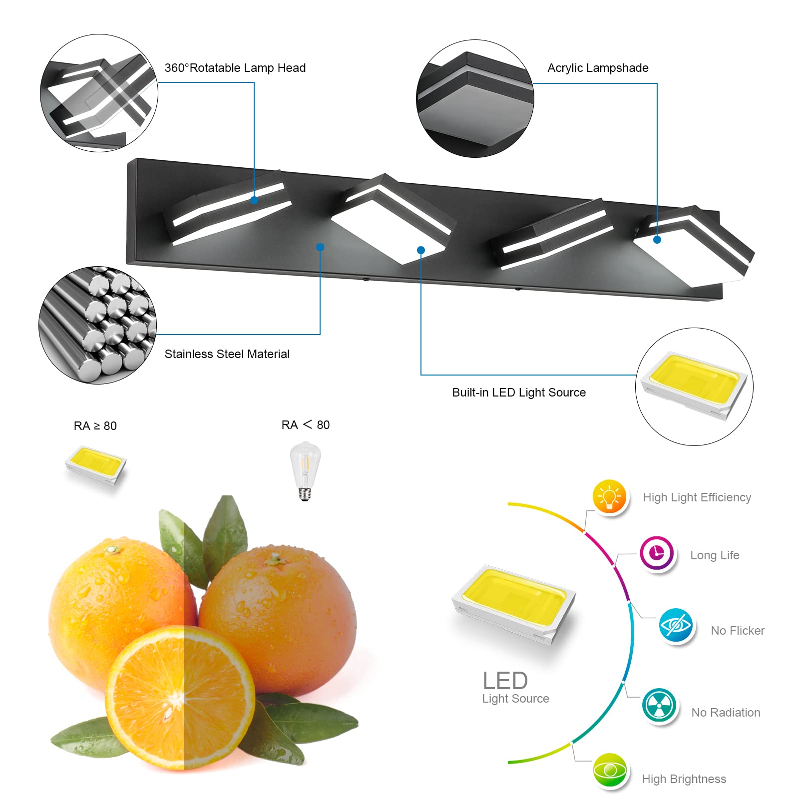 Sinerise Led Modern Bathroom Vanity Light Fixtures (4-Light, 30-Inch), Matte Black Modern Acrylic Bathroom Wall Lighting Fixture