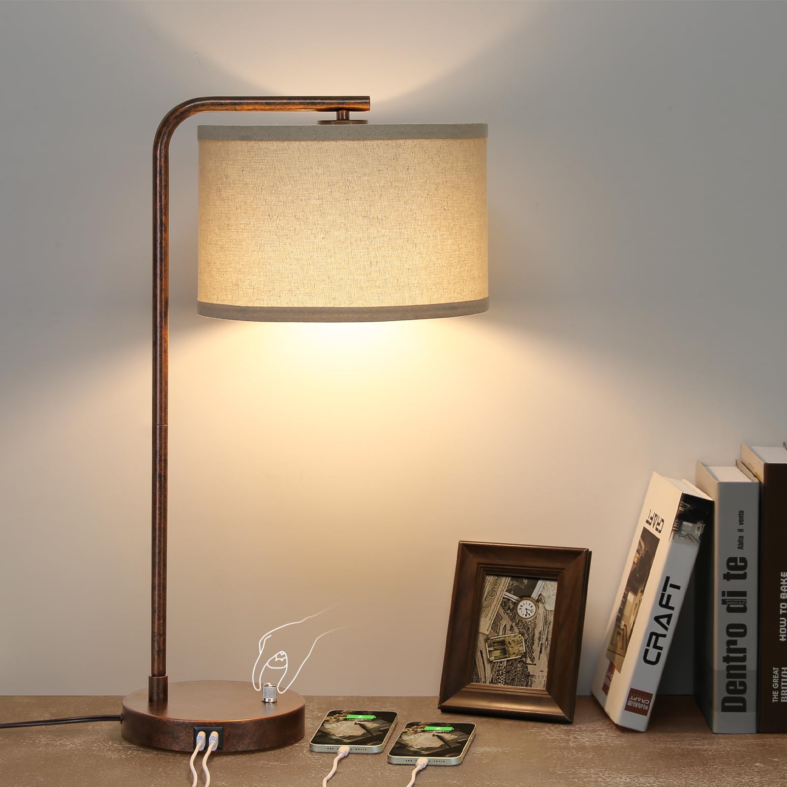 Vintage Table Lamp, Fully Dimmable Table Lamp with Dual USB Charging Ports, Farmhouse Bedside Lamp Nightstand Light, Tall Readin