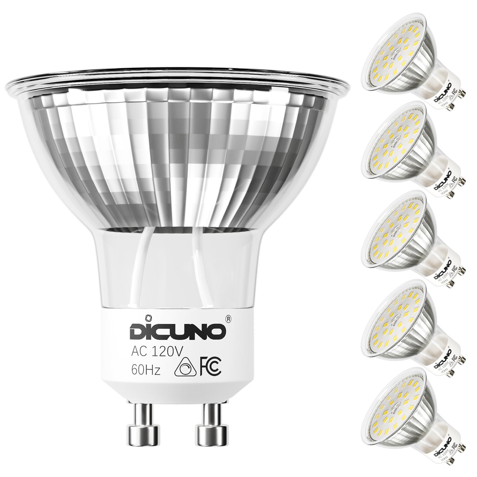 DiCUNO GU10 LED Dimmable Bulbs 6W 700LM 5000K Daylight White Glass 6-Pack