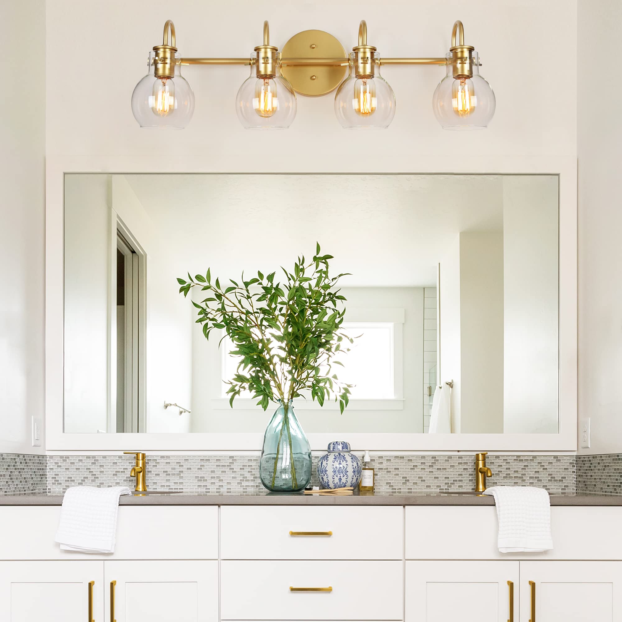 Ksana Bathroom Vanity Light, 4-Light 28.5'' Large Gold Bathroom Light Fixtures, Modern Vanity Lights For Bathroom With Globe Cle