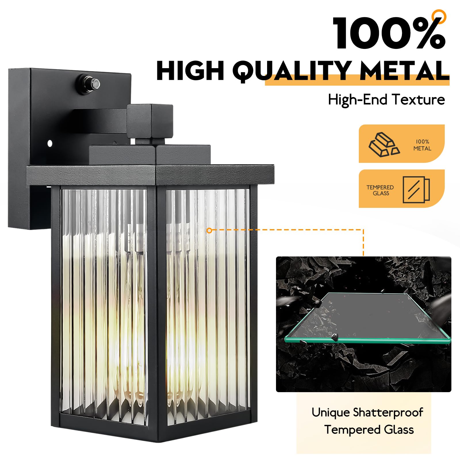 hameso Outdoor Wall Lights - 2-Pack Dusk to Dawn, Waterproof Matte Black, Tempered Glass & Metal, Model G009