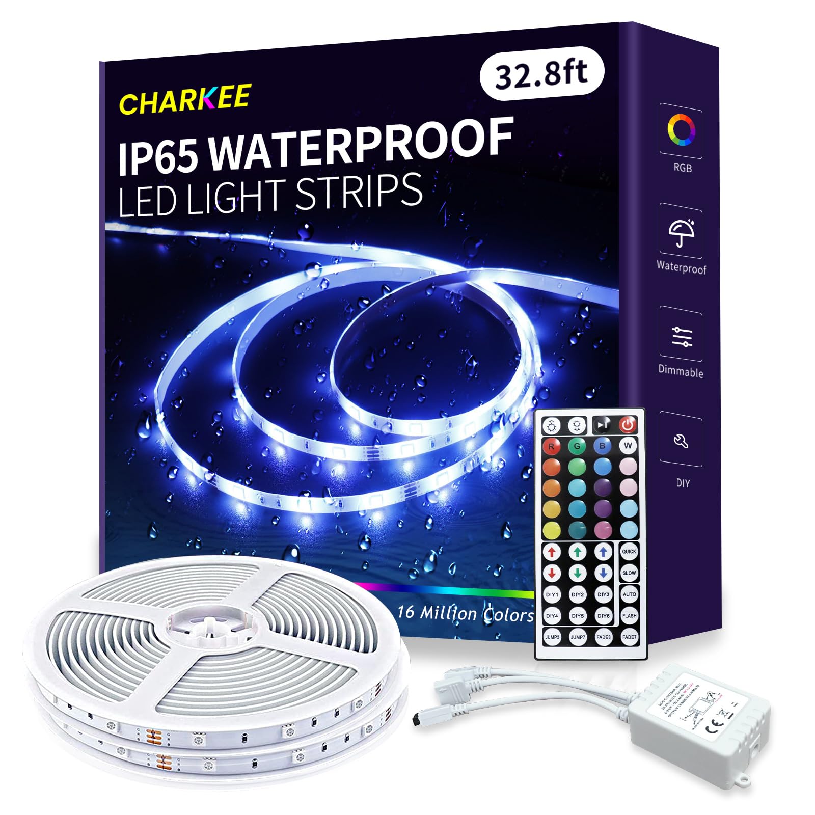 CHARKEE RGB Color Changing LED Light Strips, 32.8ft Waterproof, 12V Low Voltage, Remote Control for Bedroom, Living Room, Garden, Patio