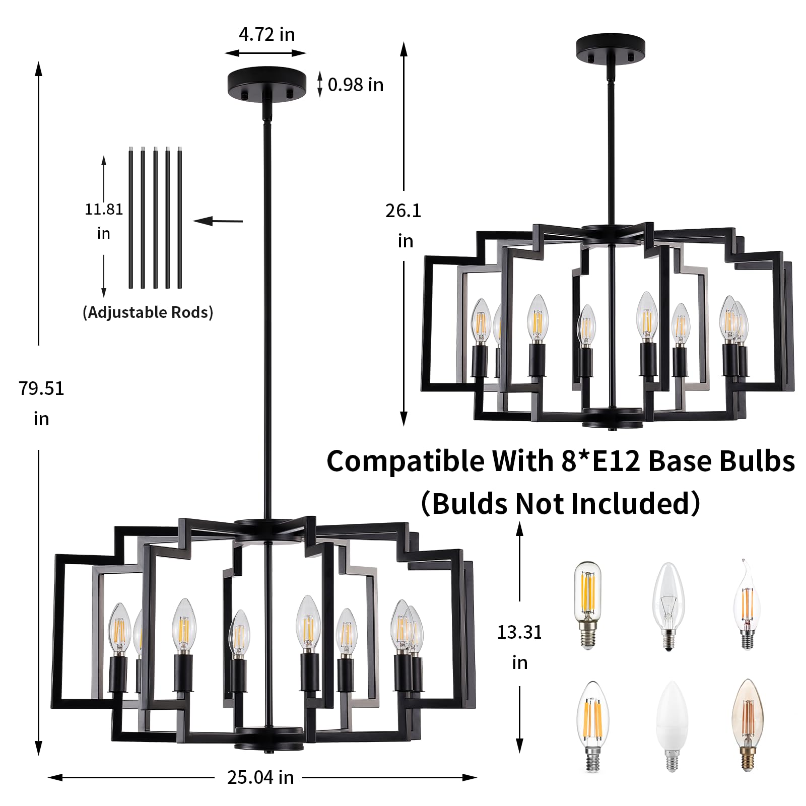 Miaybph Black Chandelier Light Fixture, 8-Light Modern Chandeliers For Dining Room Geometric Metal Modern Industrial Pendant Lig