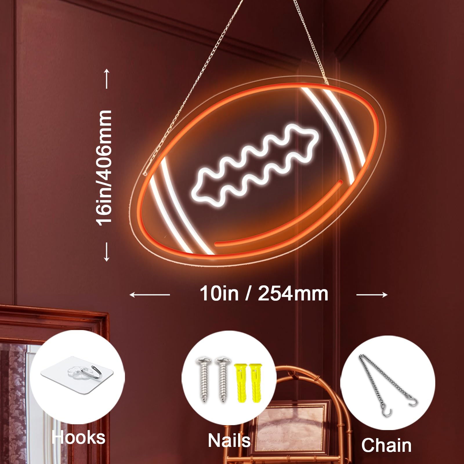 Kenfari Football Neon Sign  Football Shaped Neon Light For Wall Decor  Led Football Signs For Bedrooms And Game Rooms Man Cave  Teens  Boys  Girls  Gift For Football Fans