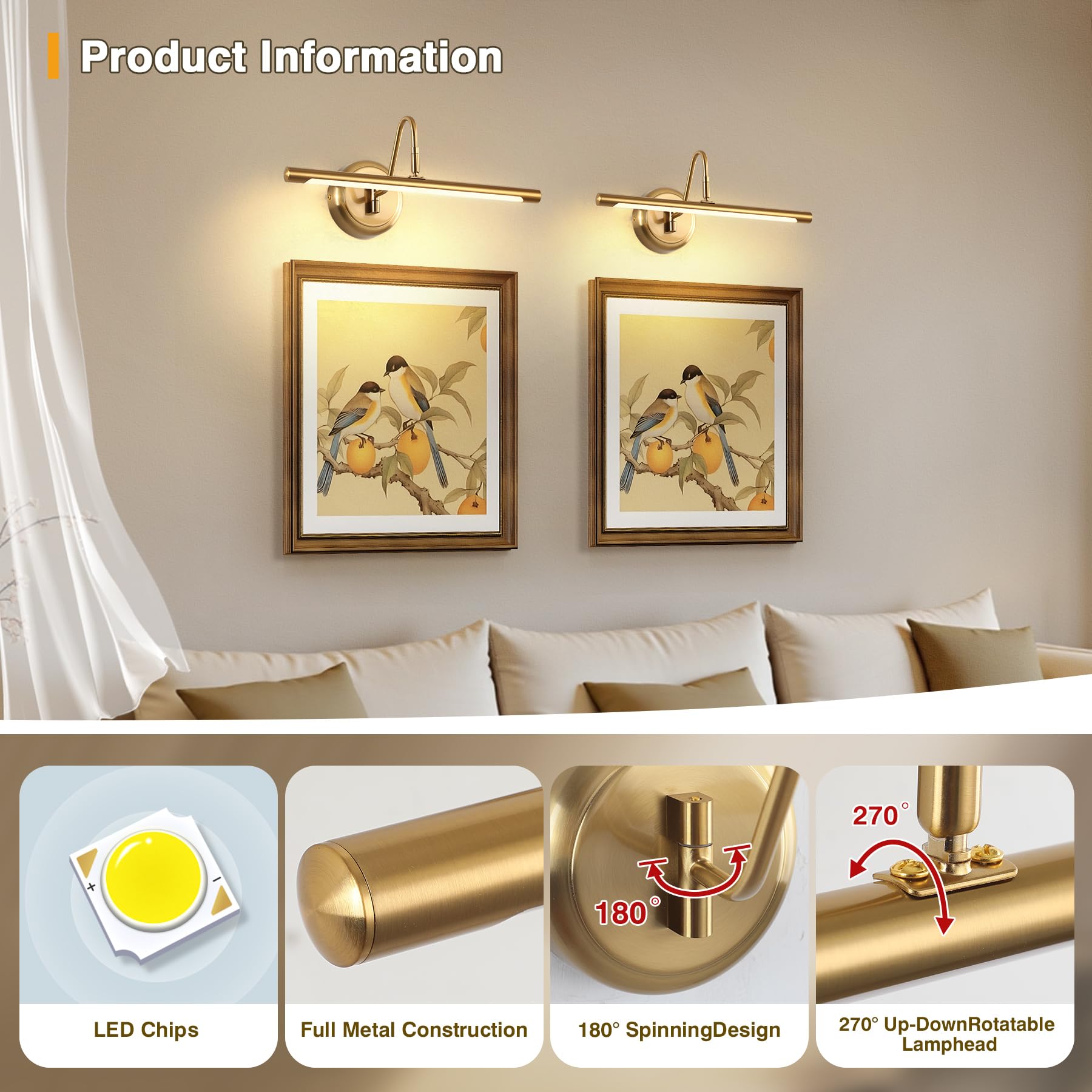 JOOSENLUX Brass Modern Picture Light 16.5" LED Wall Lamp, 9W, Warm White 3000K, Hardwired, Model 7940