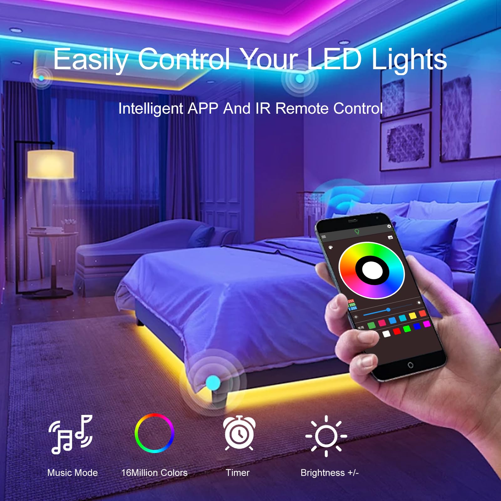 Led Strip Lights For Bedroom 100 Ft , Music Synchronized Rgb Color Changing Led Lights With Smart Application And Remote Bluetoo