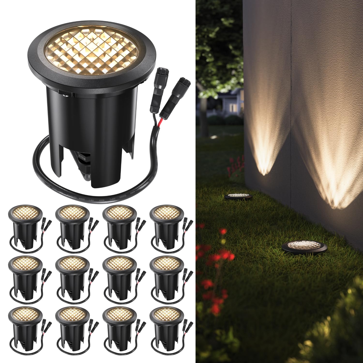 Sunco 12 Pack Low Voltage In-Ground LED Outdoor Lights, Landscape Well Lighting for Yard, Garden, Walkway, 3W, 200 LM, 3000K War