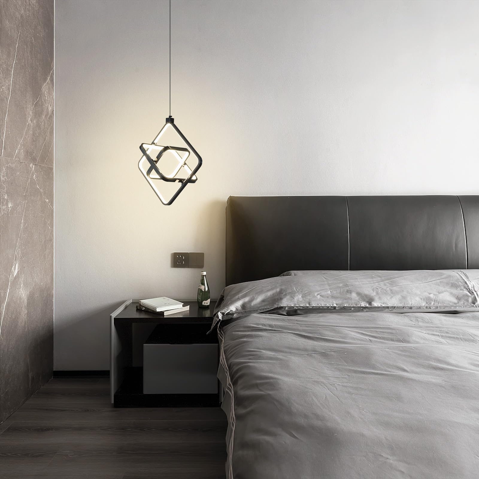 Bnhhlz Modern Led Pendant Lights Plated Black Rectangular Pendant Light Fixtures 4000K 35W Dimmable Pendant Lighting For Dining Room Kitchen Island Bedroom Living Room Foyer(3-Ring)