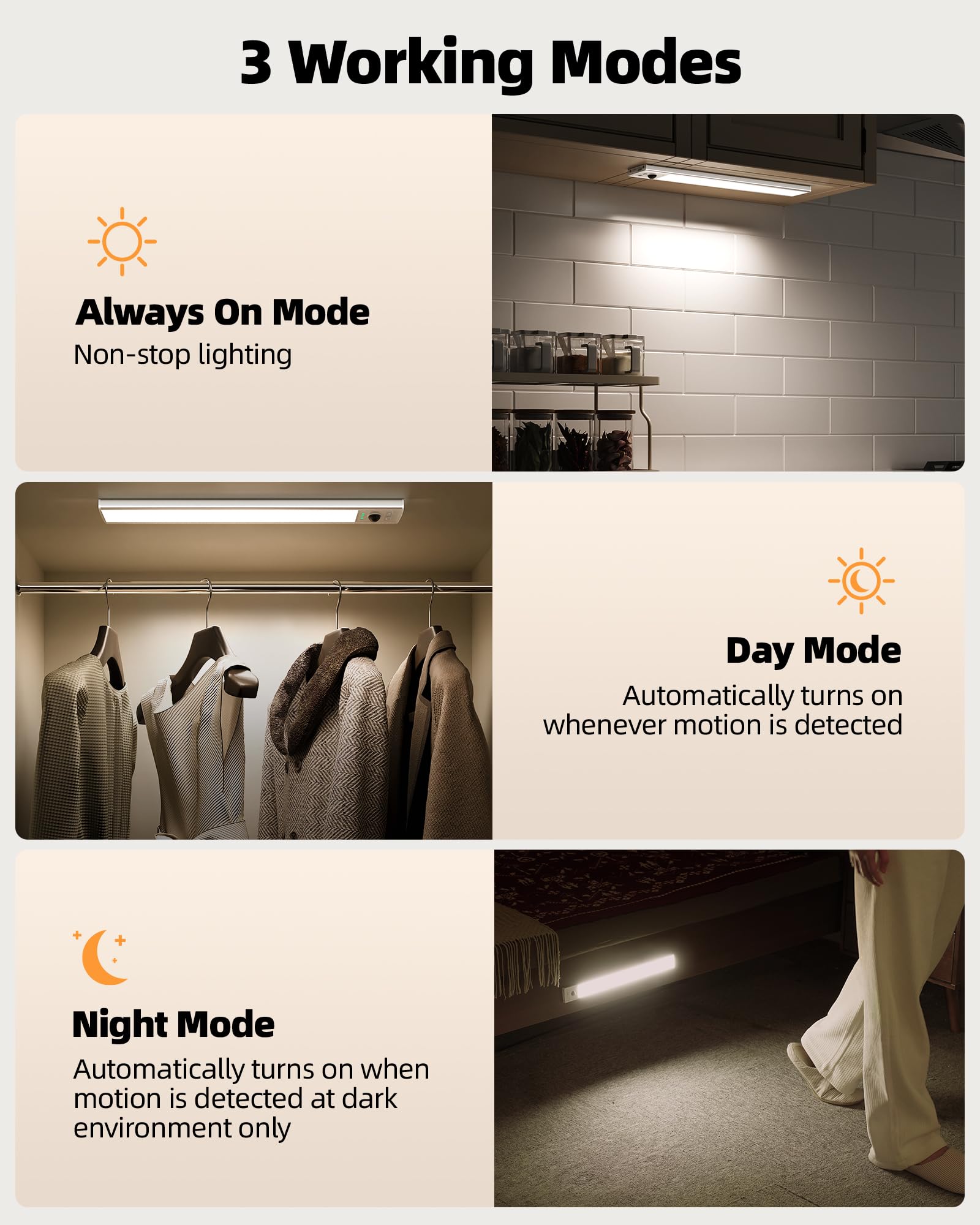 EZVALO 12" Under Cabinet Lighting - 96 LED, Rechargeable Motion Sensor, Dimmable, 3 Color Temps, 3 Pack, ABS Material