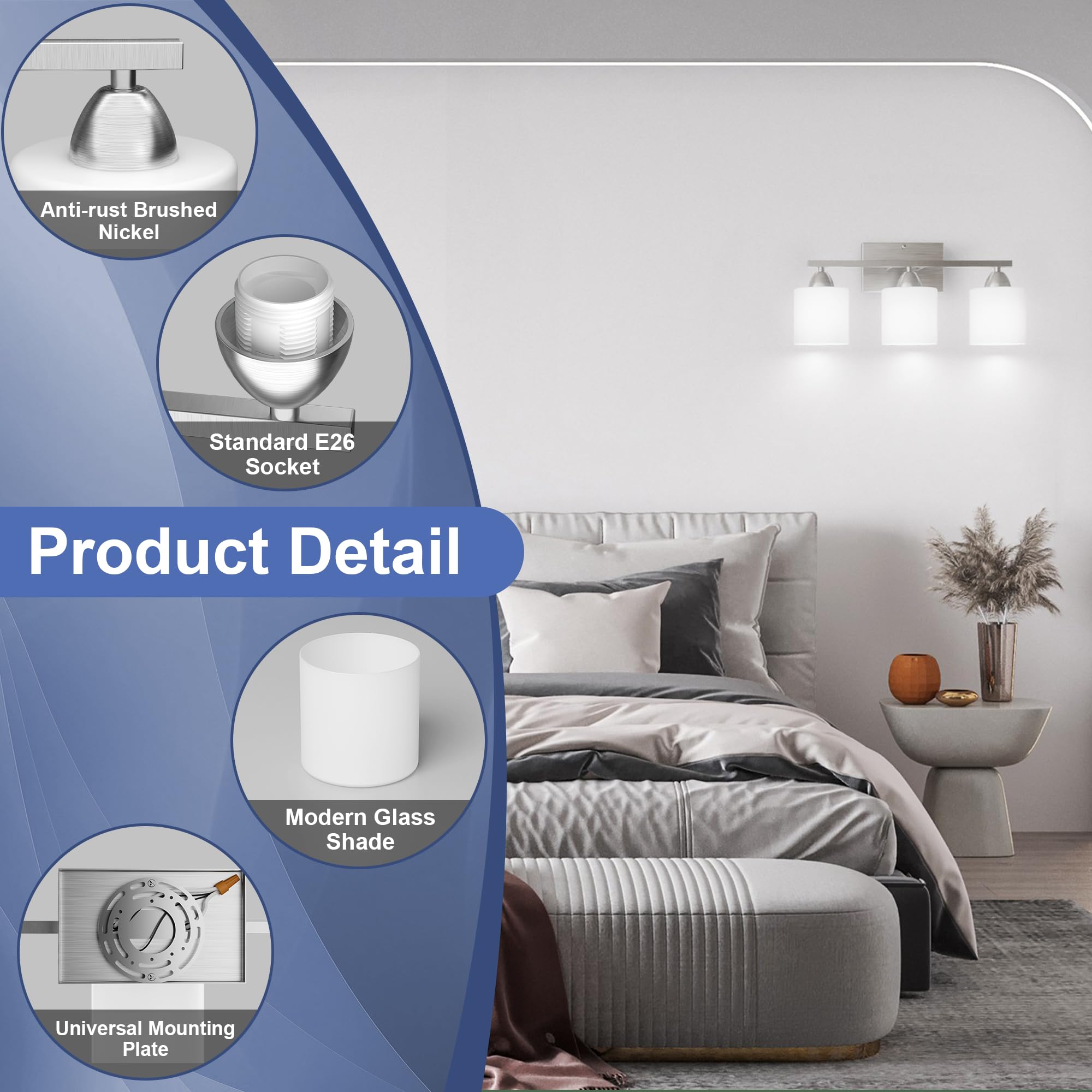 Dekang Bathroom Lighting Fixtures Over Mirror Brushed Nickel, Anti-Rust 3-Light Bathroom Vanity Lights, Modern 18Inches Wall Sco