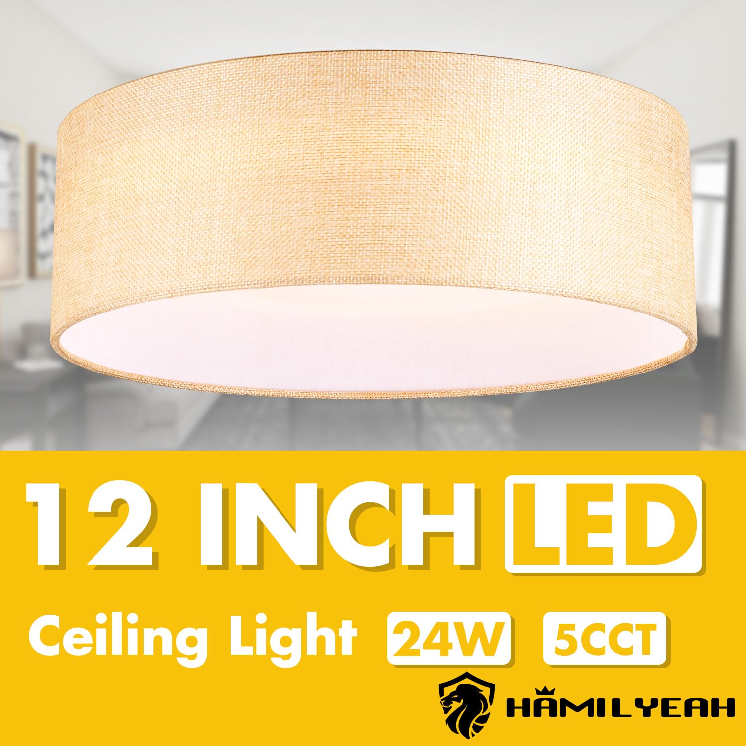 Hamilyeah 12&quot; Led Flush Mount Ceiling Light, Gold Fabric, 24W, Modern Fixture For Kitchen & Bath