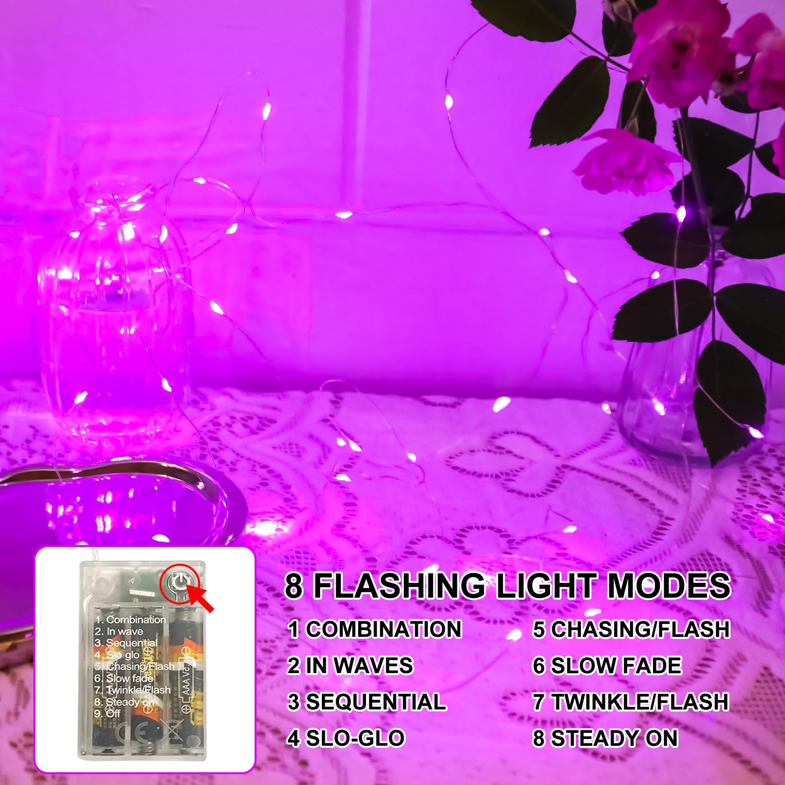 SINAMER Pink Fairy Lights Battery Operated (Included), 8 Modes & Auto Timer, 4 Packs 5m 50Led Mini Twinkle Silver Wire Firefly S