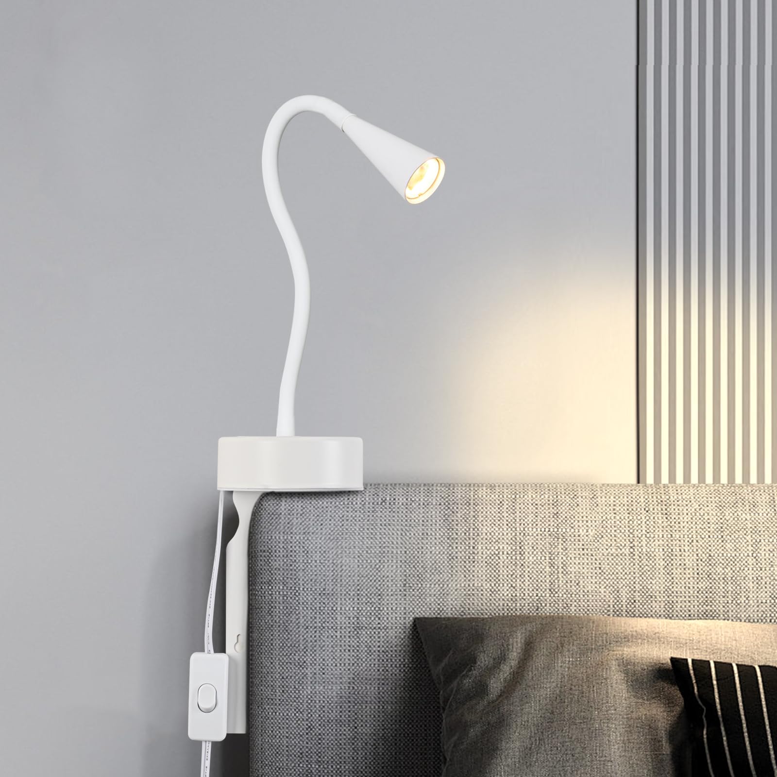 White Headboard Reading Light, No Drilling Wall Mounted Reading Lights for Bedside, Book Light for Bedtime Reading, Buttonless D