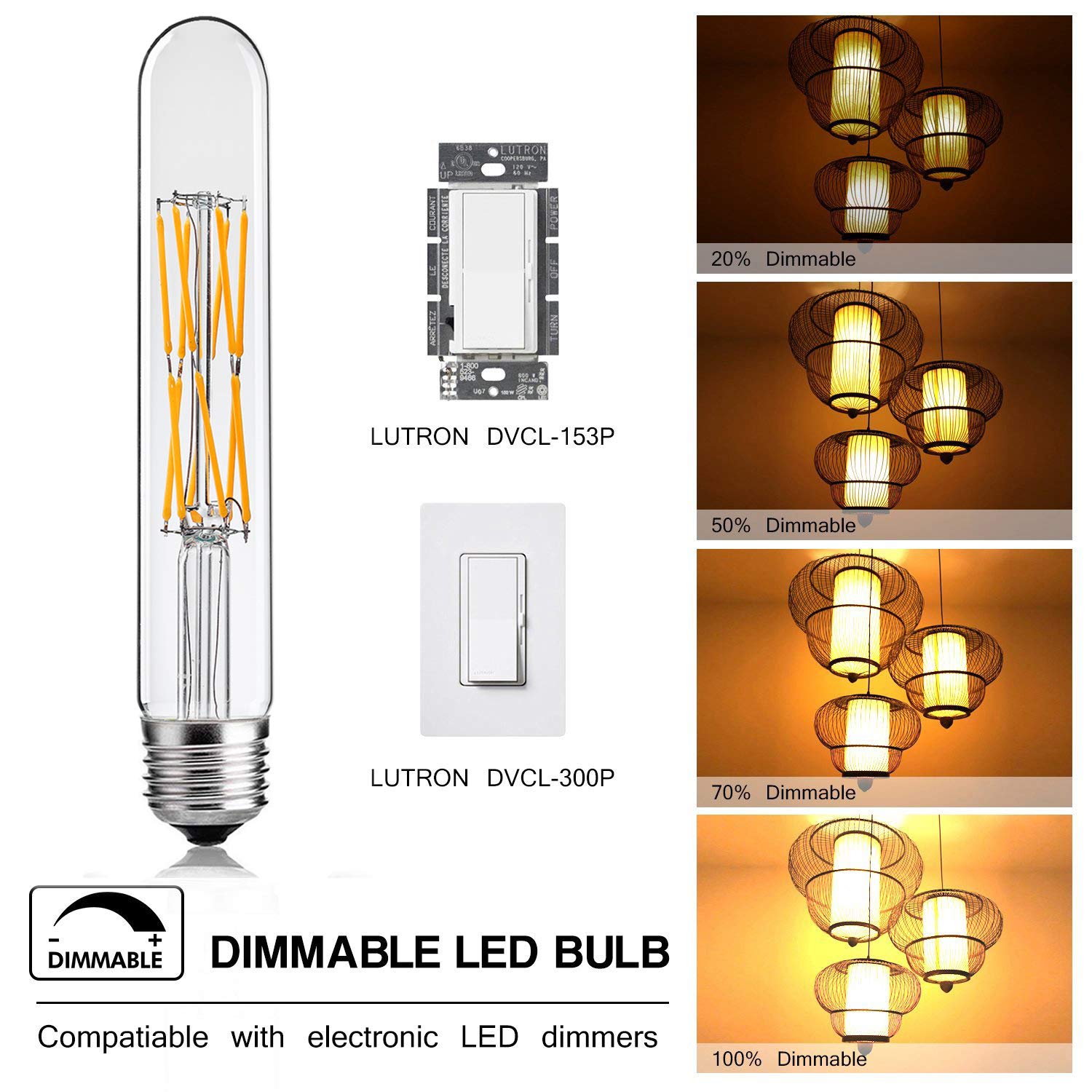 Leools T10 LED Bulbs, 12W Dimmable Edison Style, 2700K Warm White, Glass, 3-Pack, 7.3in Long Tube