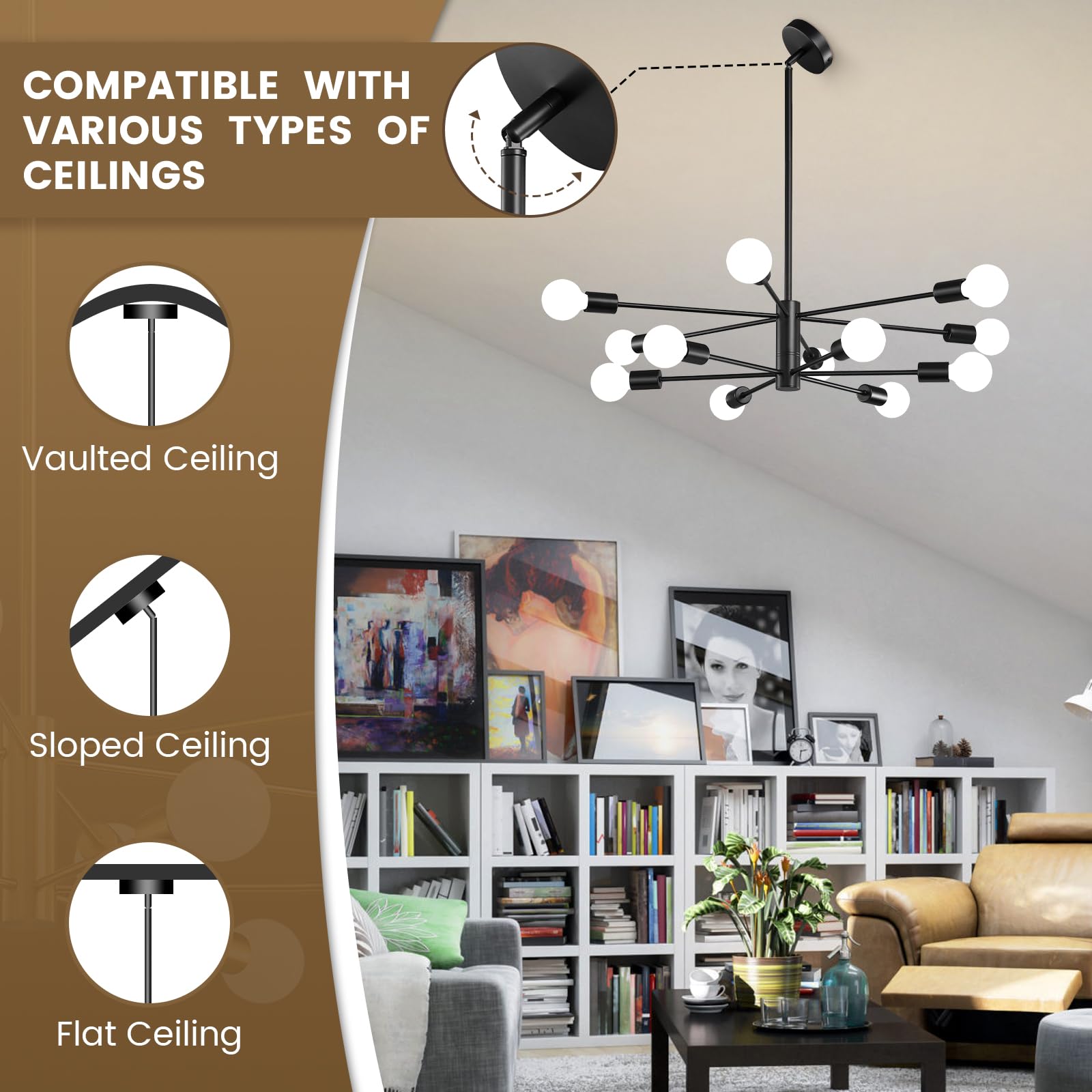 Kaisite Modern Sputnik Chandelier Ceiling Light Fixture 12-Light Black Farmhouse Chandelier Dining Room Chandelier Over Table He