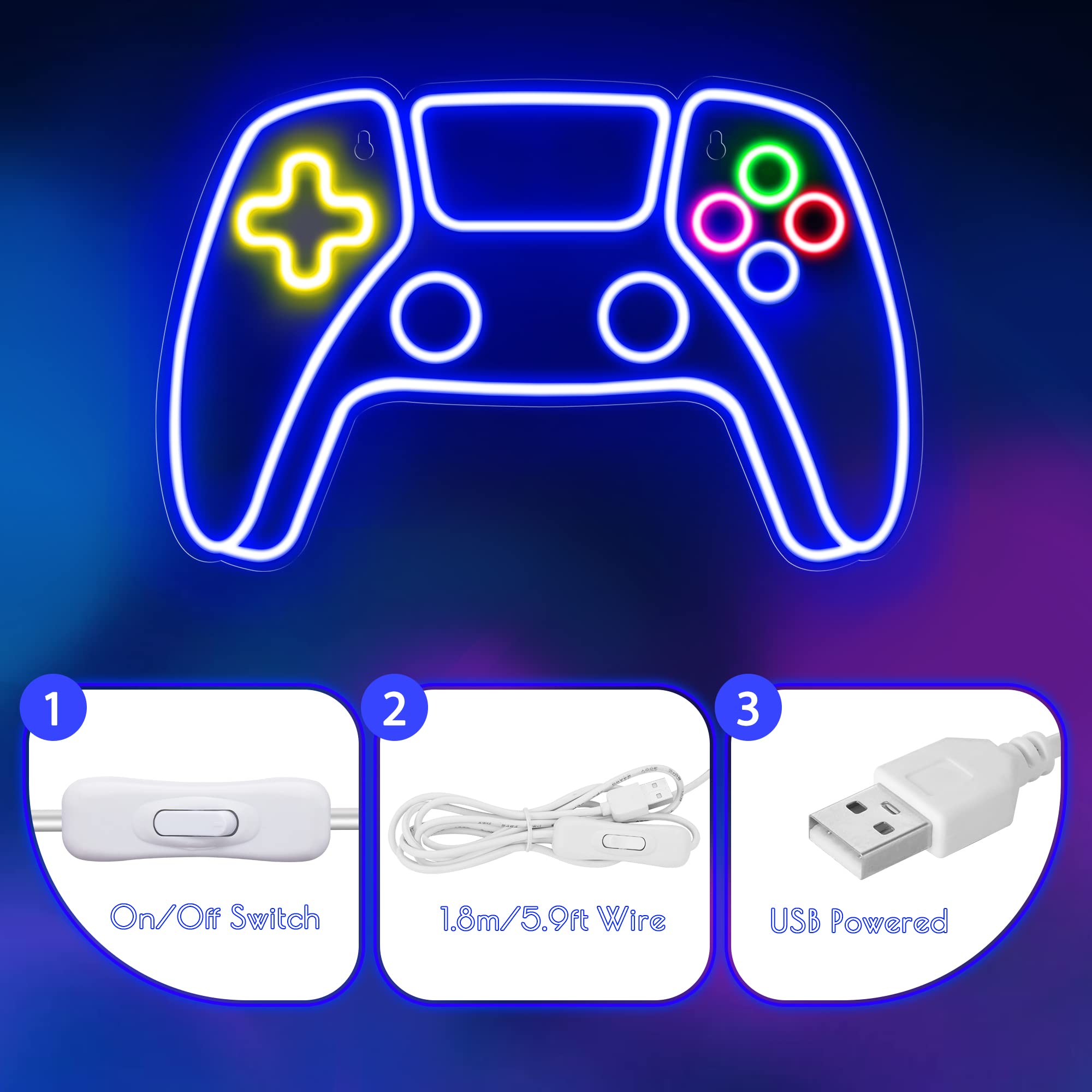 Kavaas Blue Neon Gamer Sign - Led Controller Wall Decor For Teen Boys Gaming Room