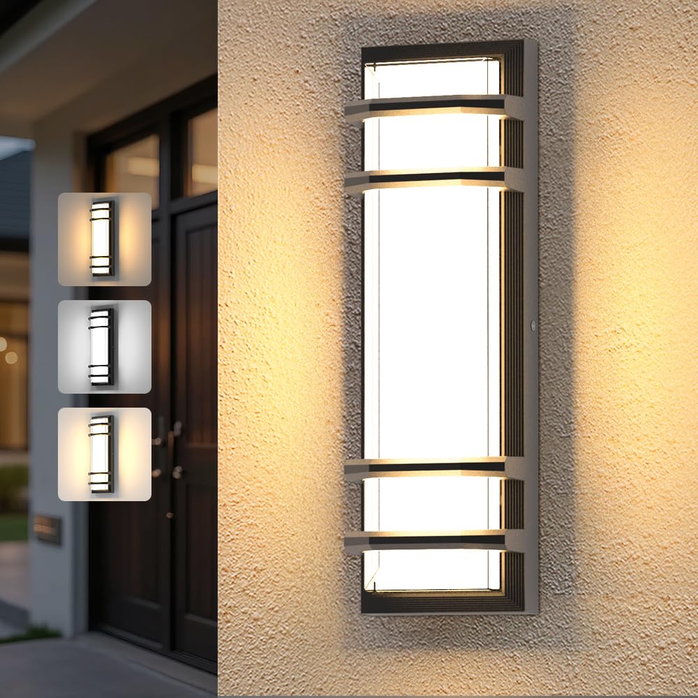 Modern Outdoor Wall Lights 16 Inch  Dimmable Exterior Wall Sconce  3000K 4000K 6000K Adjustable Color Temp IP65 Waterproof Black Outdoor Lighting for Porch Garage Patio Garden House Hallway  Backyard