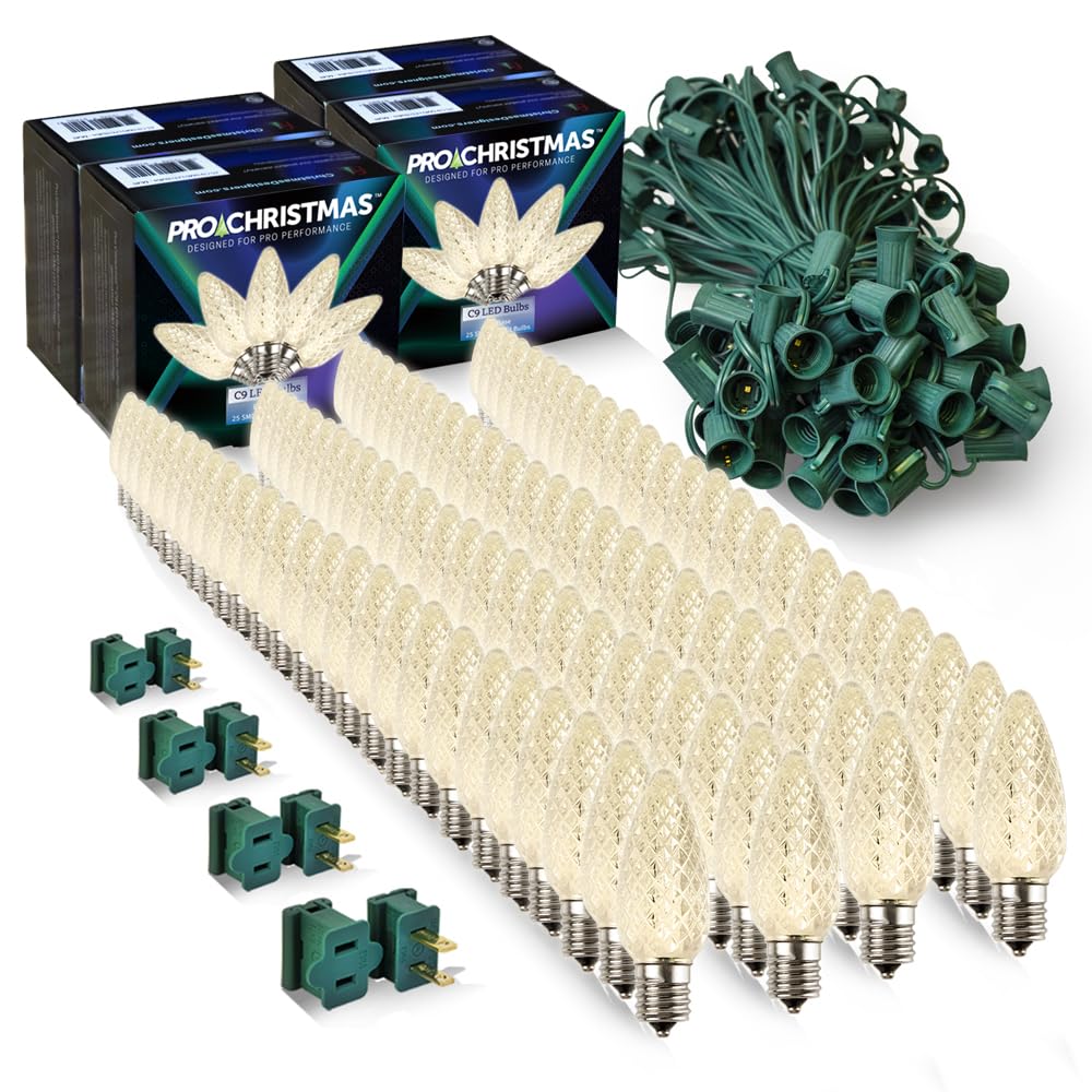 Pro Christmas C9 LED Christmas Light Kit for Rooflines & Pathways - DIY Cut to Length  Outdoor Commercial Grade (Green Wire w/Vampire Plugs  100 Bulbs  100 ft) Warm White