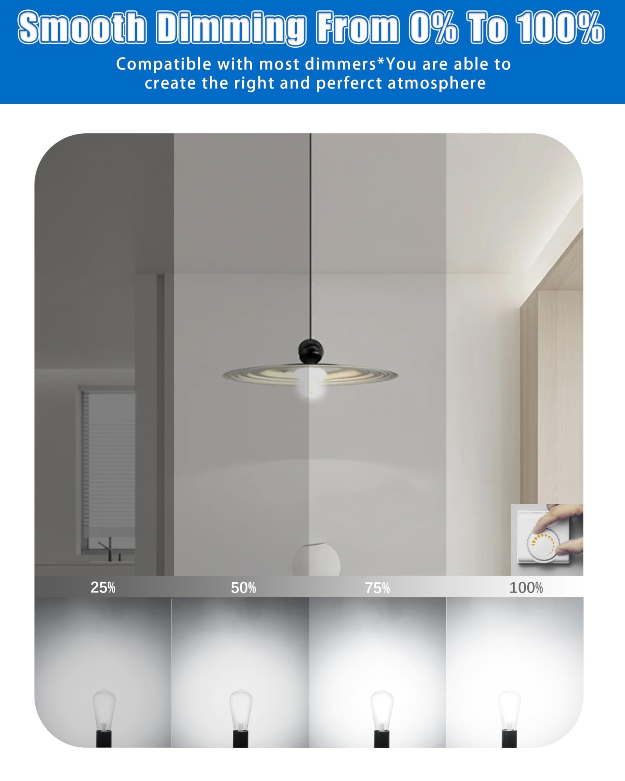 MASTERY MART Edison Bulbs Dimmable 5.5W E26 LED 4000K Cool White Glass, 6 Pack, Model MM-ST19