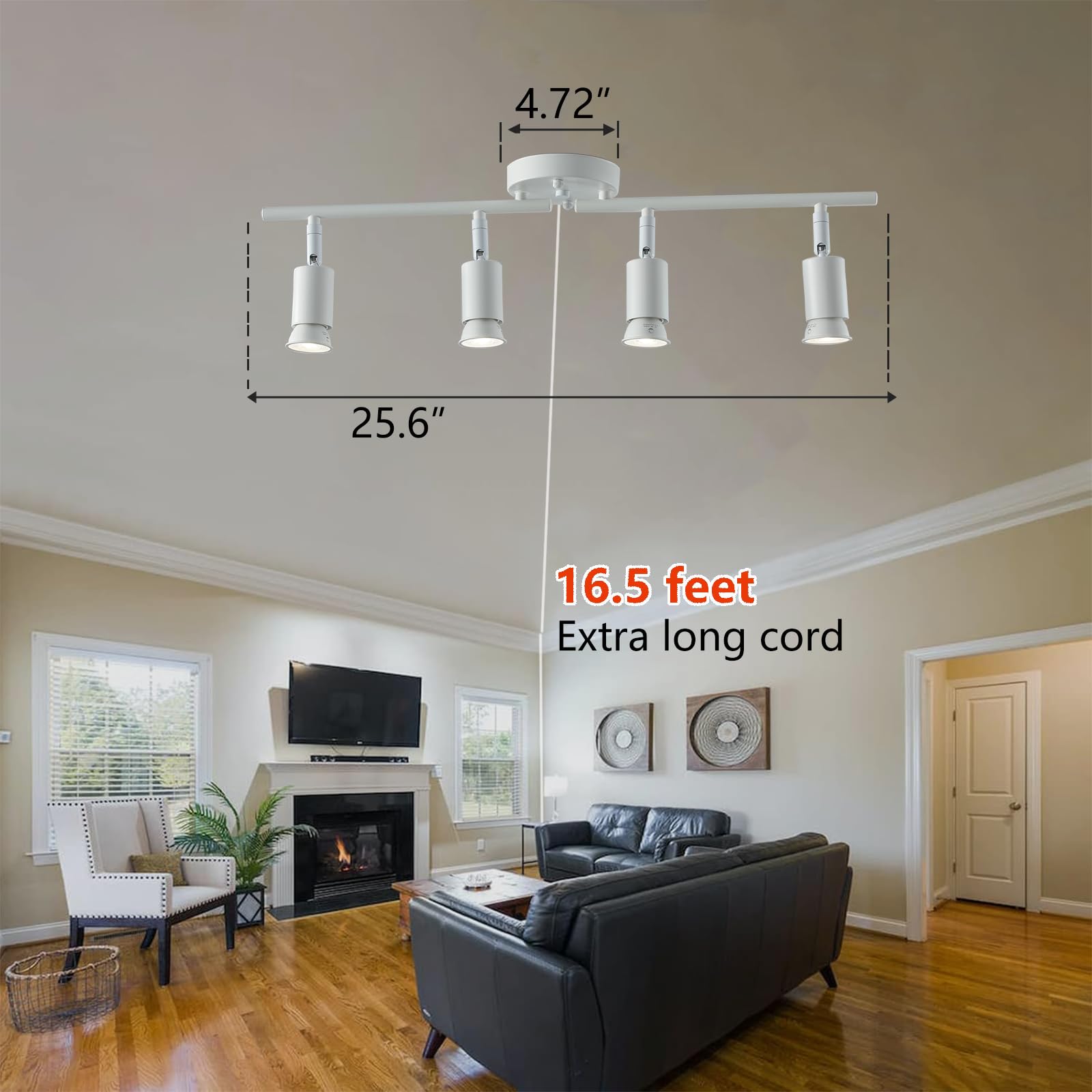 vivihobb Dimmable Plug in Track Light Fixture, 4 Lights, White, 16.4' Cord, Metal, Model 2101B-4-White, LED Bulbs Included
