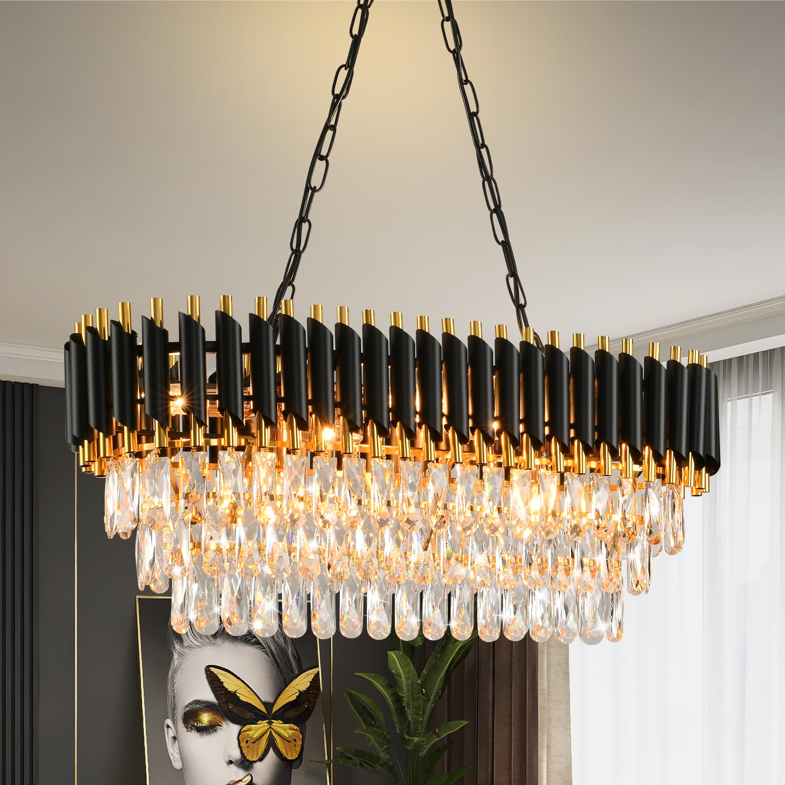 MSSIAN Modern Crystal Chandeliers for Dining Room Black and Gold Chandelier Living Room 8-Light Pendant Light Fixture Oval Contemporary Ceiling Hanging Light for Kitchen Island Bar L32 inch