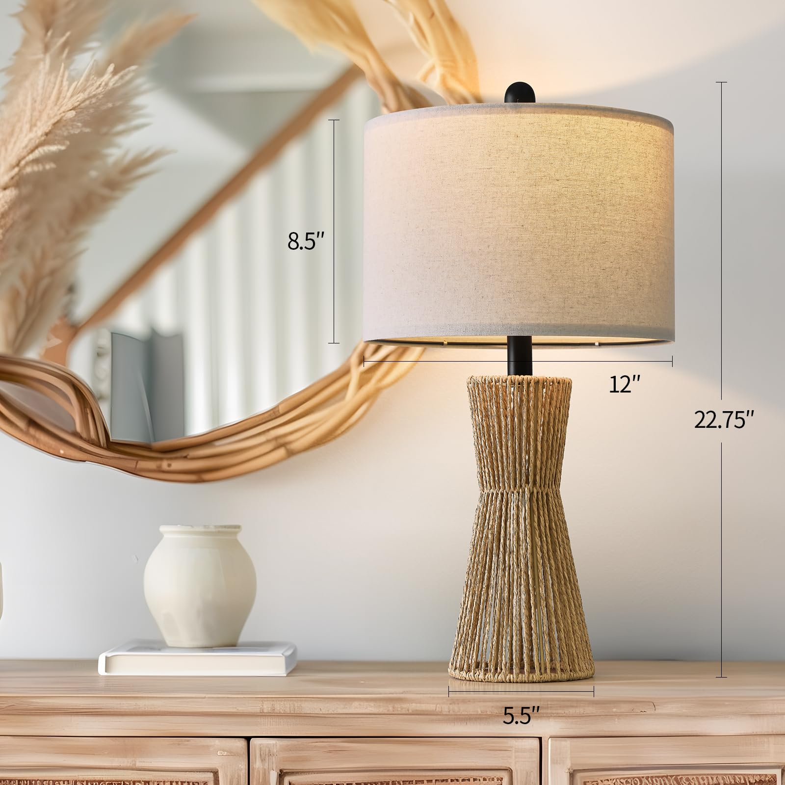 OYEARS Table Lamps Set of 2, 22.5in Rattan Farmhouse Bedside Lamps, Brown, Model AMZ-T121