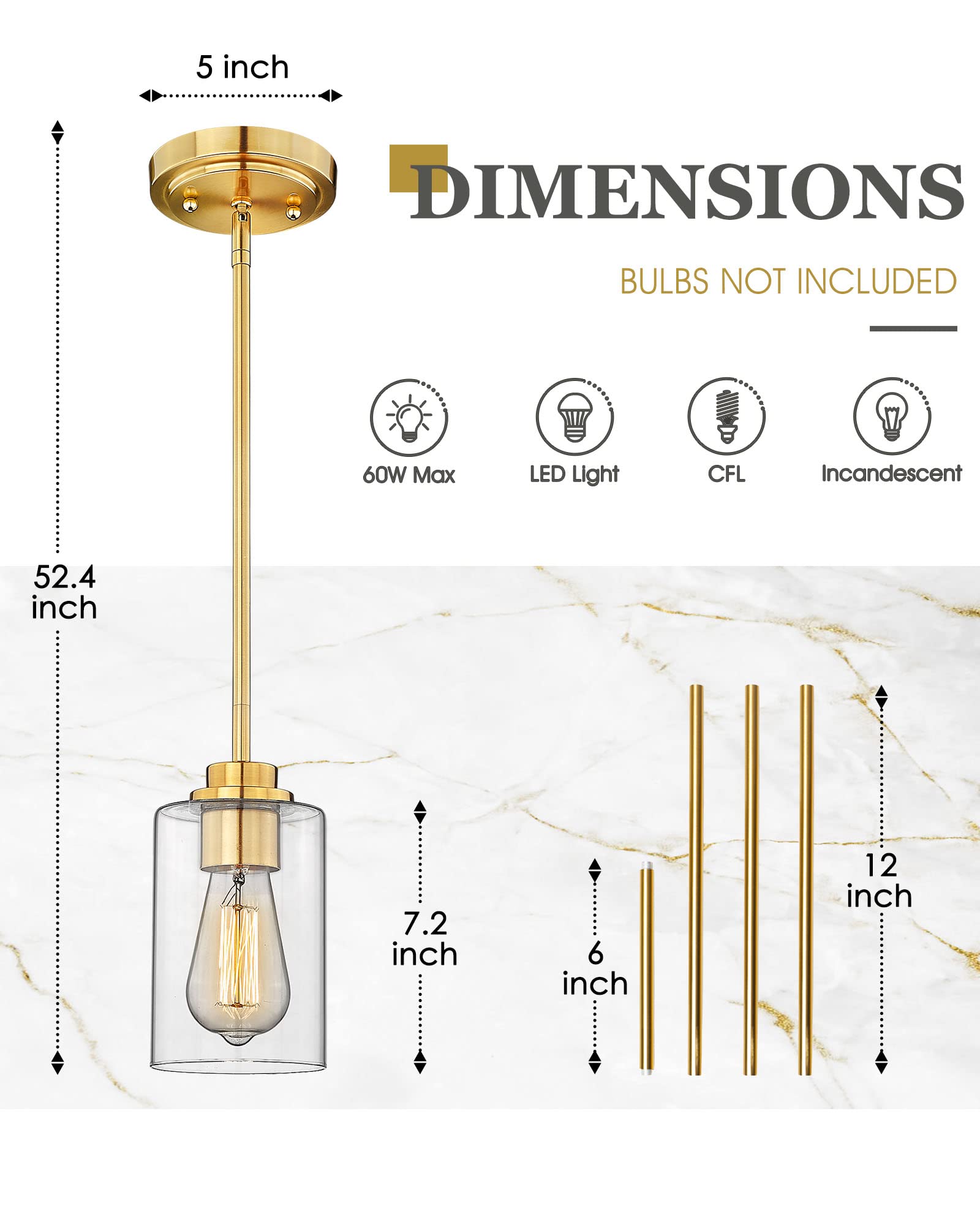 Audickic Pendant Lights Kitchen Island, Farmhouse Gold Pendant Lighting With Clear Glass Shade, Kitchen Pendant Lighting Over Island For Dining Room Entryway, Ad-22281-1P-Gd-C