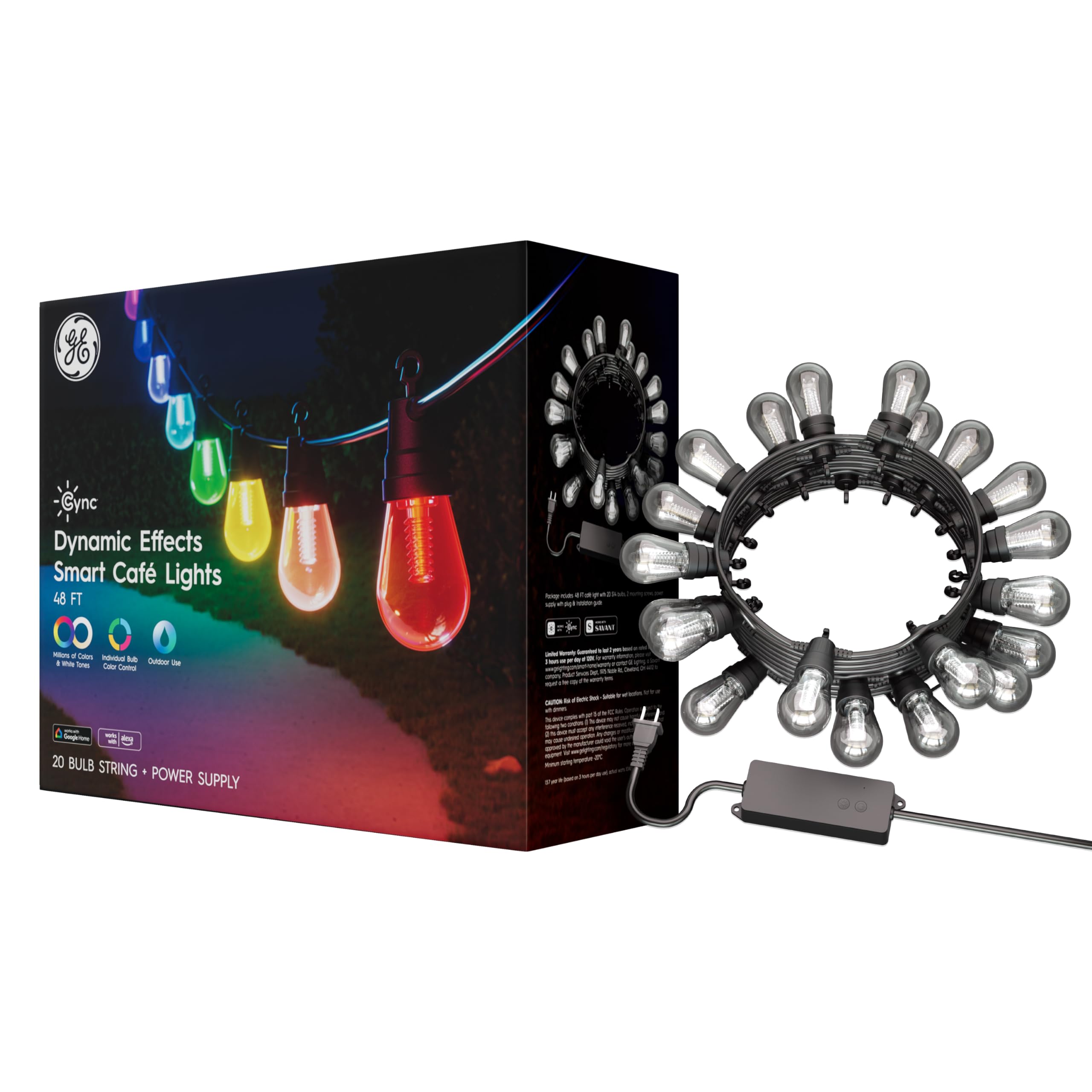 GE Cync Dynamic Effects Smart Cafe Lights, Color Changing Patio String Lights, Compatible with Alexa and Google, 48ft