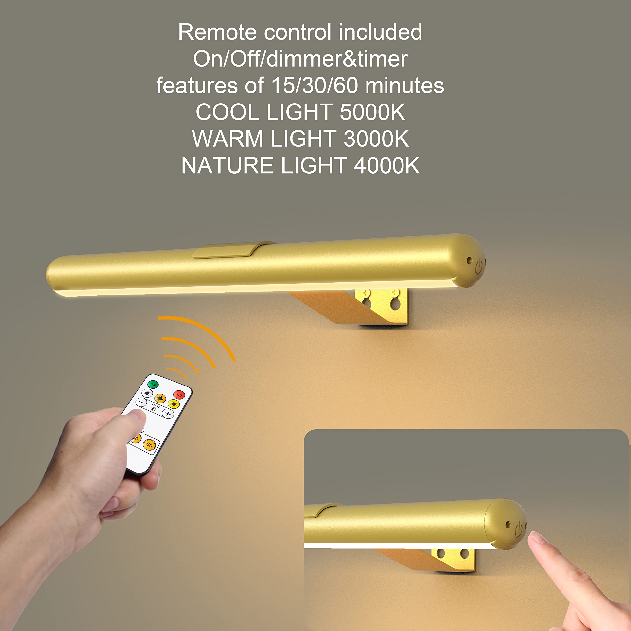 Yaqiihome Gold Wireless Picture Light With Remote, Dimmable Led Art Display, 13'' Aluminum Mount