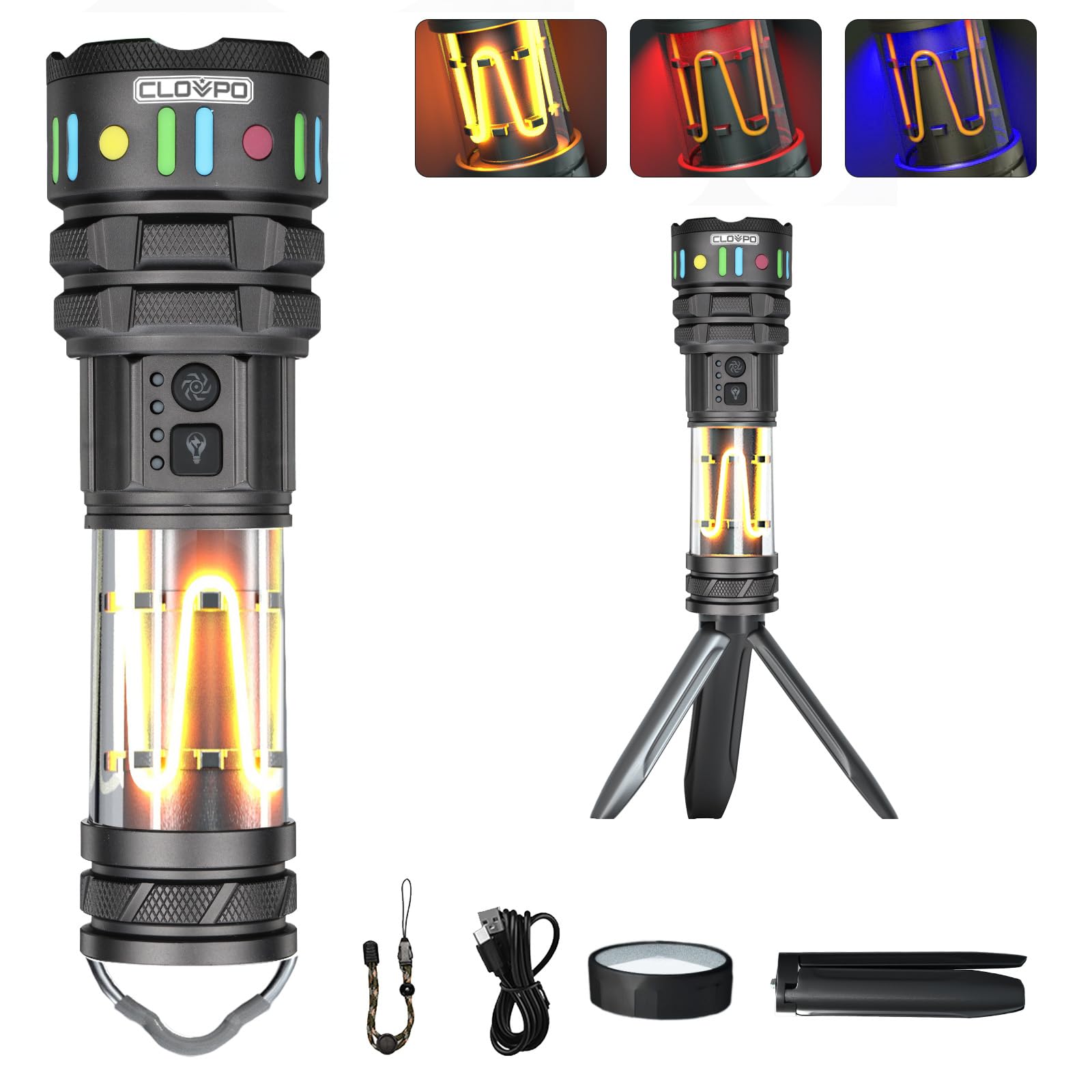 CLOVPO Rechargeable Camping Flashlight Tactical Flashlight  11 Modes Multi-Function Flashlight 10000 Lumens Portable Camp Light with Stand  Bright LED Flashlight for Outdoor Activity  Black