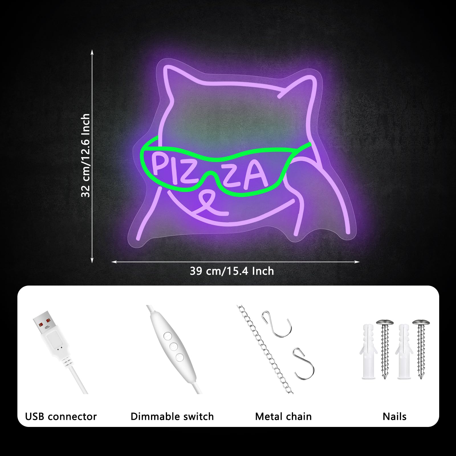 AUGELRE Pizza Sunglasses Neon Sign, Dimmable LED Wall Decor, 15.35in x 12.6in, Purple