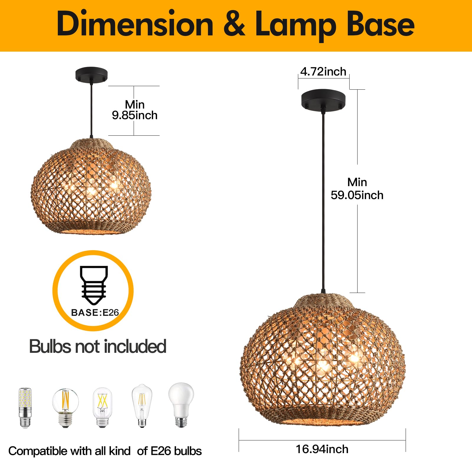 Lhjihfu3- Light 16.94'' Rattan Pendant Light Fixture, Ceiling Hanging Handmade Woven Wicker Bohemian Lighting Adjustable Height